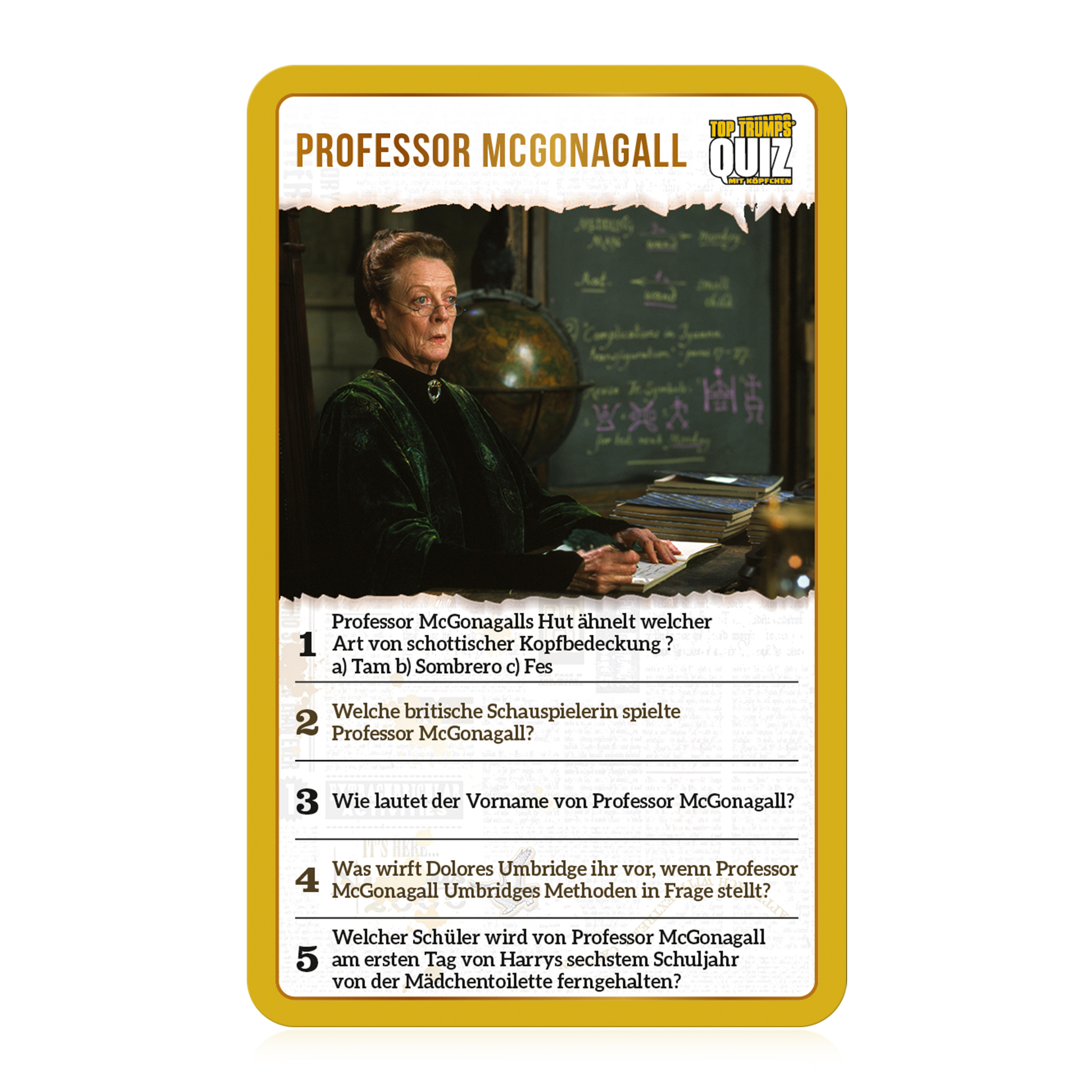 Carte de quiz du professeur McGonagall, avec des questions à son sujet. Fond : tableau noir et globe.
