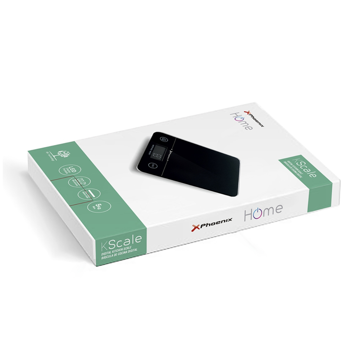 Caja de báscula de cocina blanca con una báscula digital negra dentro.