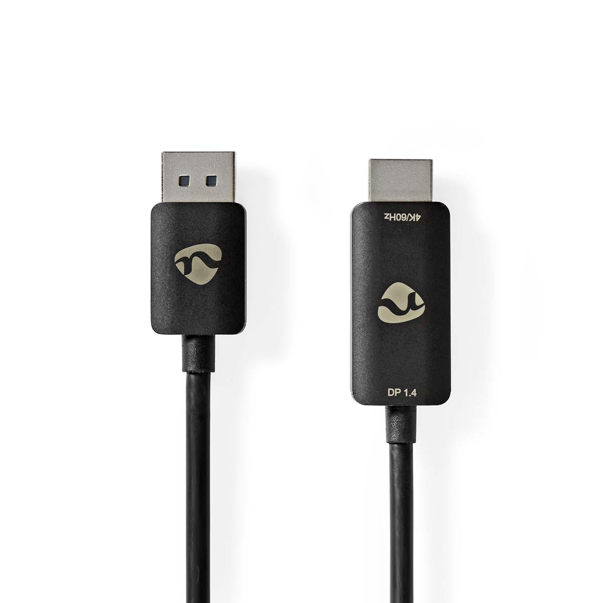Schwarzes DisplayPort 1.4-Kabel mit Anschlüssen an beiden Enden, vor weißem Hintergrund.