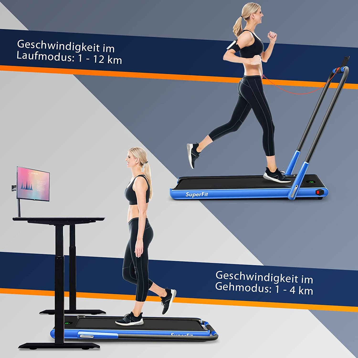 Frau auf dem Laufband, gehend und laufend, mit Text auf Deutsch über die Geschwindigkeit.