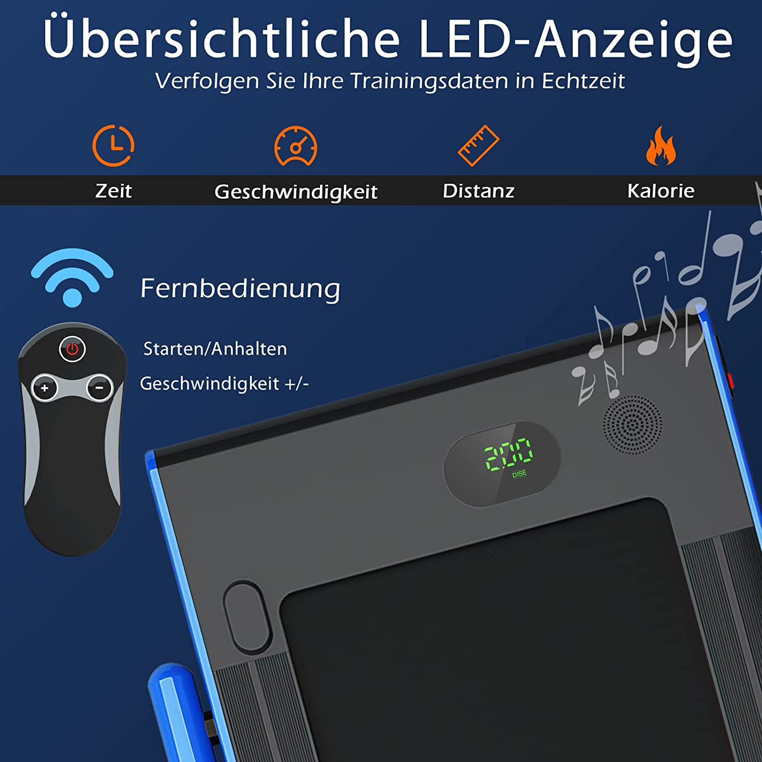 Laufband-Bedienfeld mit Display, Fernbedienung und Symbolen; blaue Zierleisten an den Seiten.