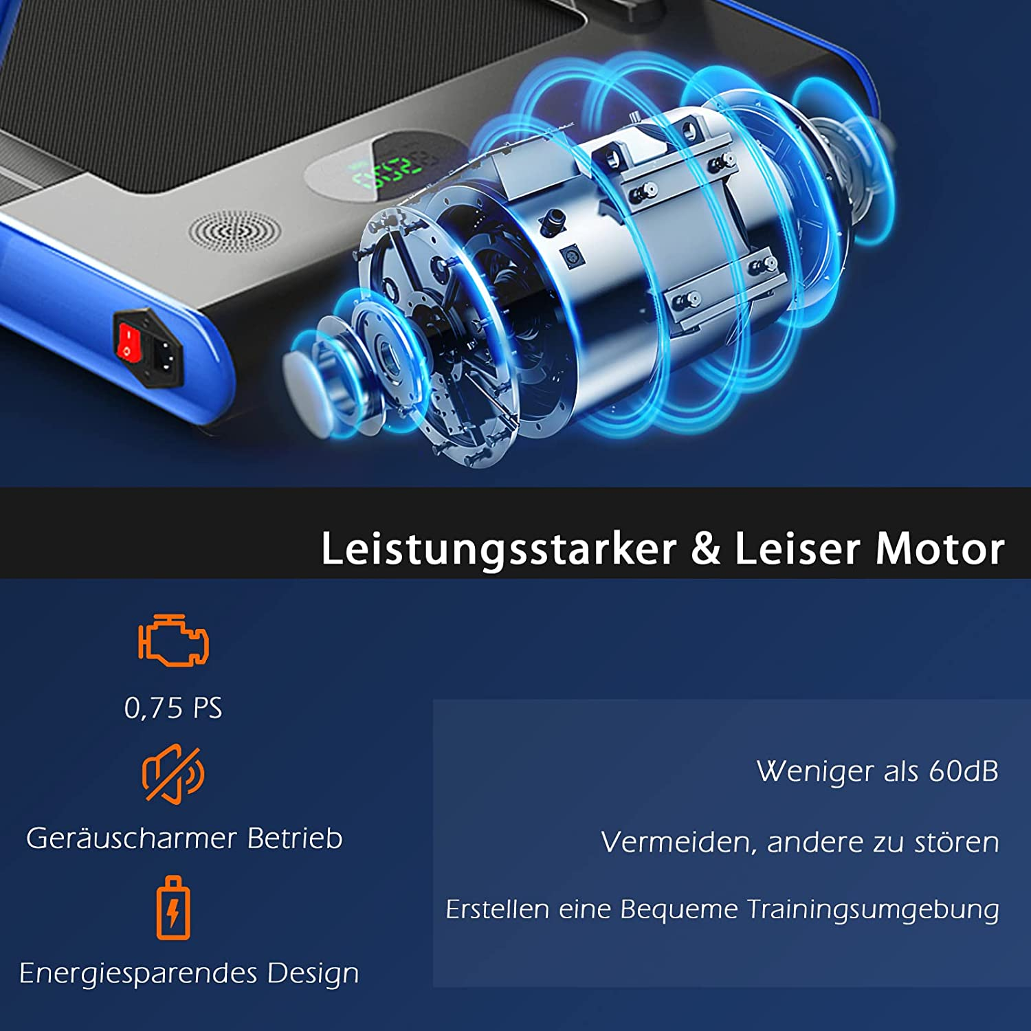 Nahaufnahme der Laufbandmotordetails mit Text: Leistungsstarker & Leiser Motor, energiesparendes Design und Geräuschreduzierung.