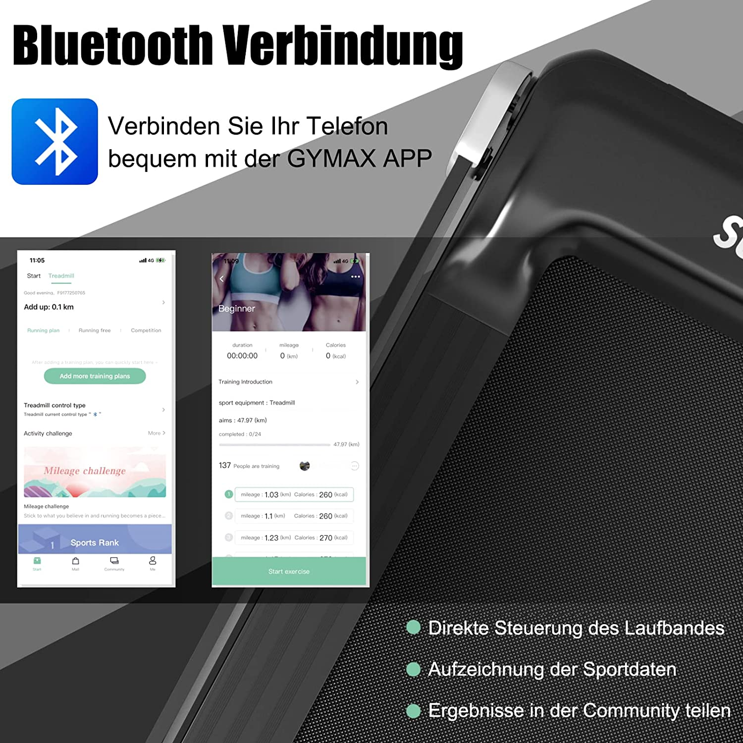 Eine Fitness-App-Oberfläche auf einem Laufband-Display, das verschiedene Trainingsdaten und Optionen anzeigt.