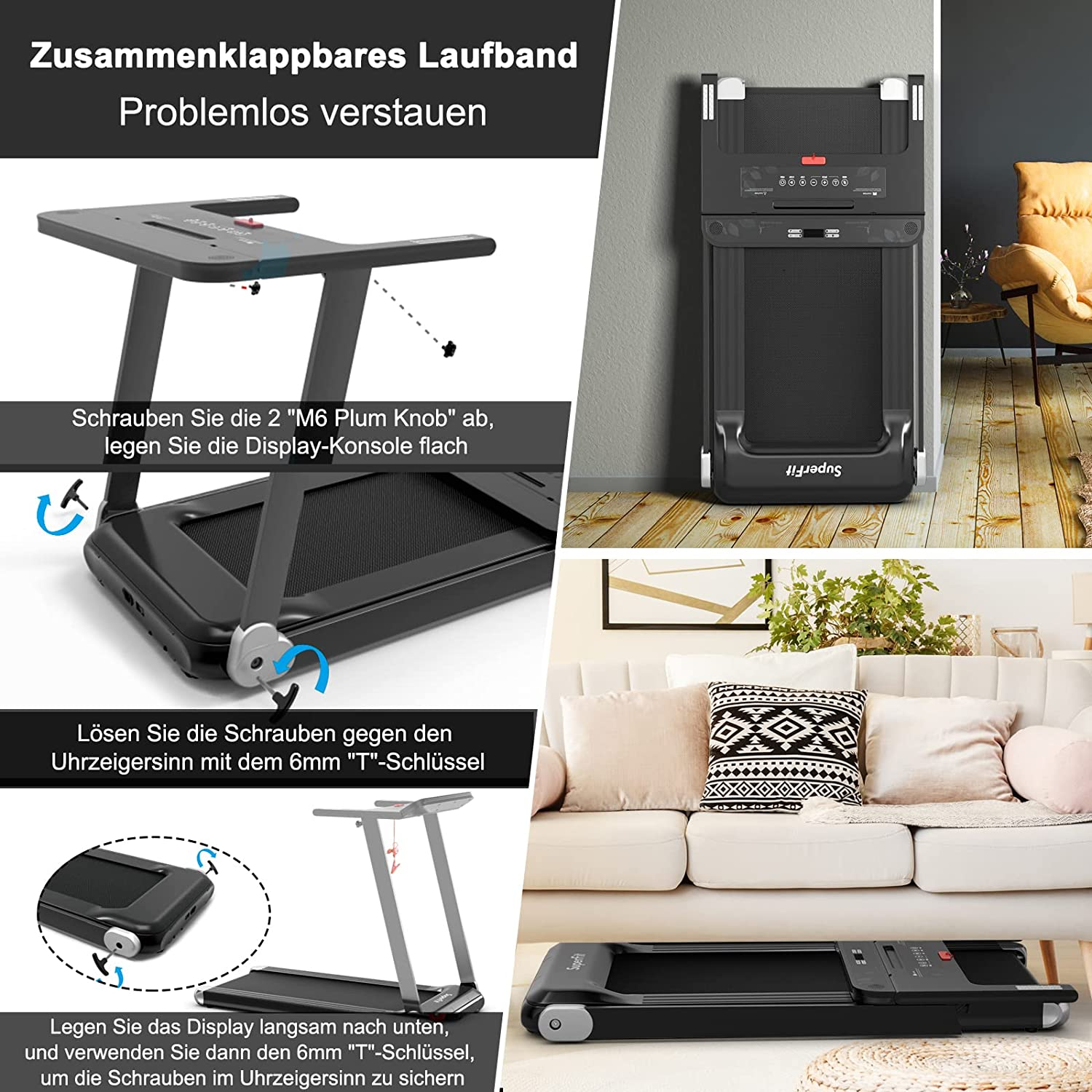 Collage, der den Faltvorgang eines Laufbands und seinen zusammengeklappten Zustand zeigt.