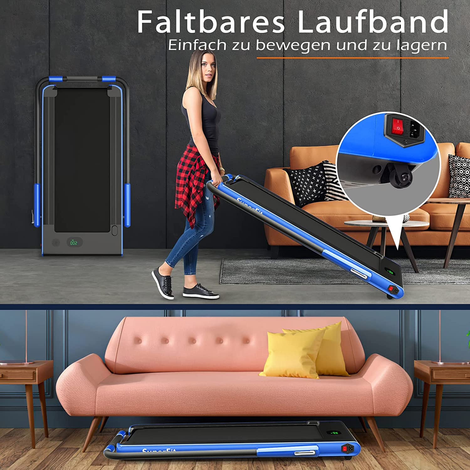 Eine Frau, die ein blau-schwarzes Laufband bewegt, mit Text dazu.