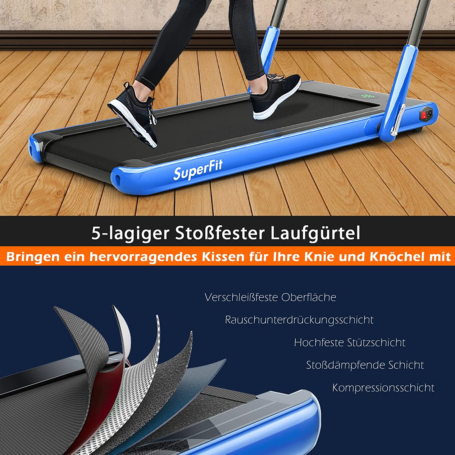 Laufband mit Text und Schichten. Eine Person befindet sich auf dem Laufband.