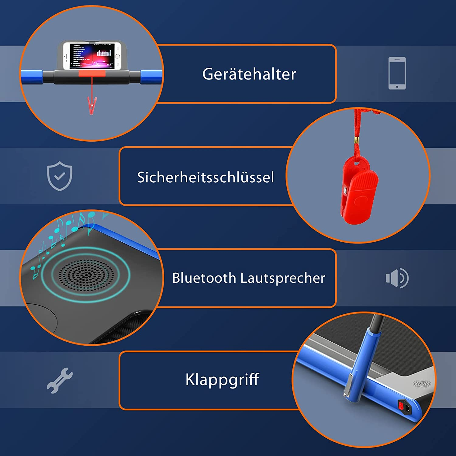 Diagramm eines Laufbands mit Beschriftungen in blauem und weißem Design. Enthält Bluetooth und Sicherheitsschlüssel.