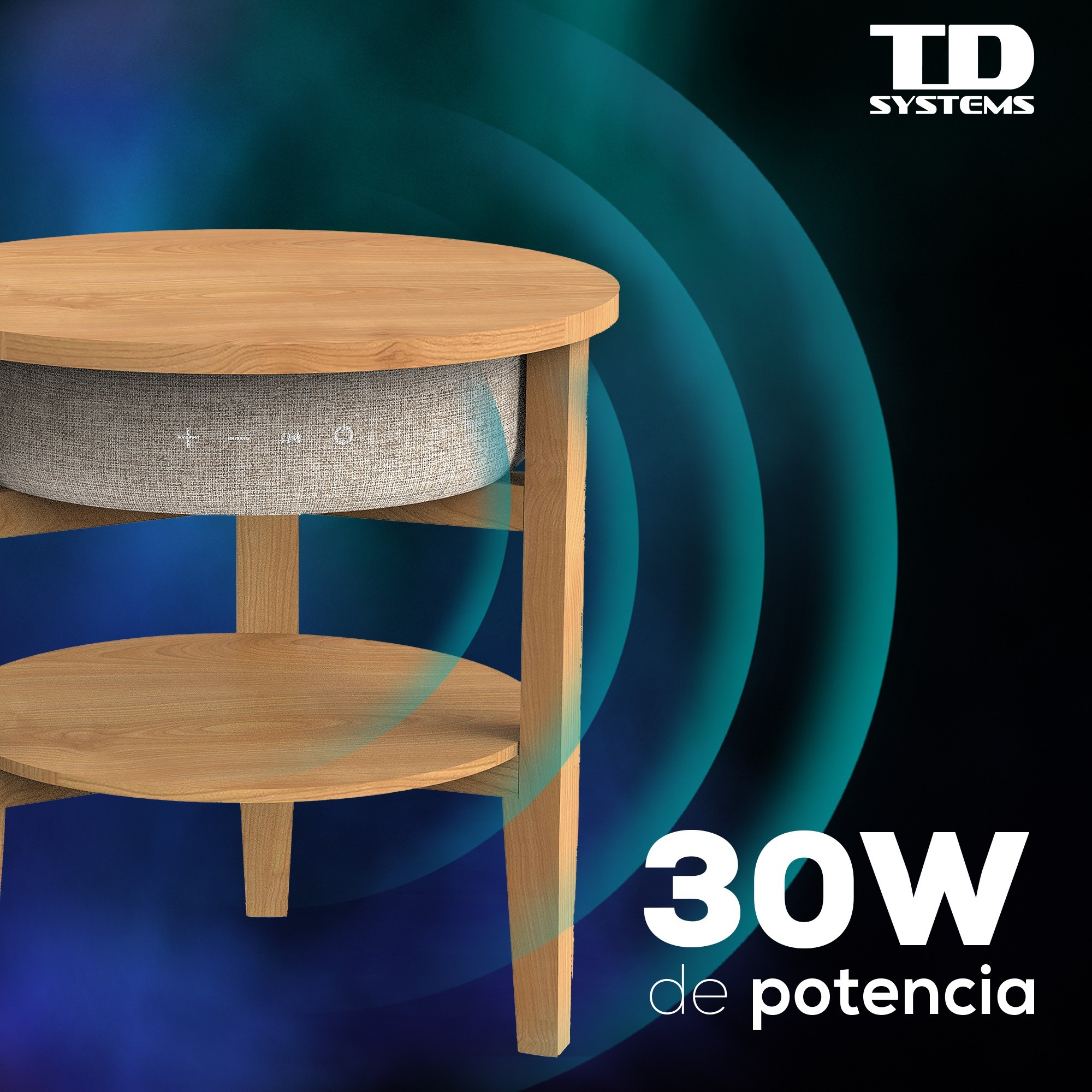 Mesa auxiliar de madera con altavoz incorporado. La mesa tiene dos niveles y fondo azul.