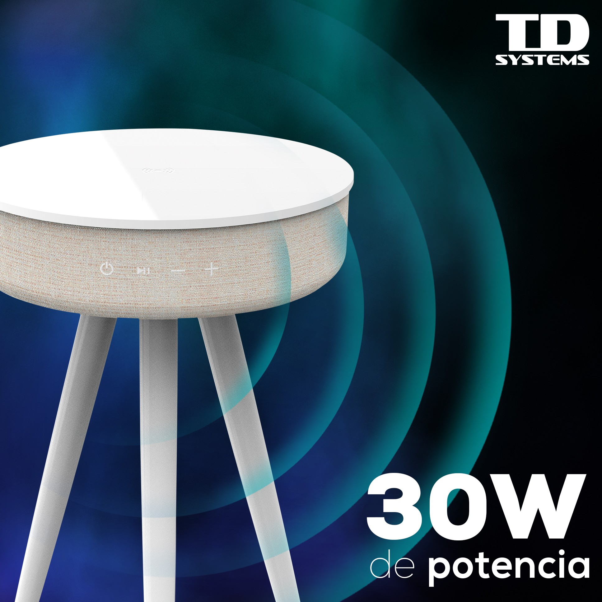 Un soporte de altavoz blanco moderno con un altavoz beige. Tiene una base redonda y una etiqueta de 30W.