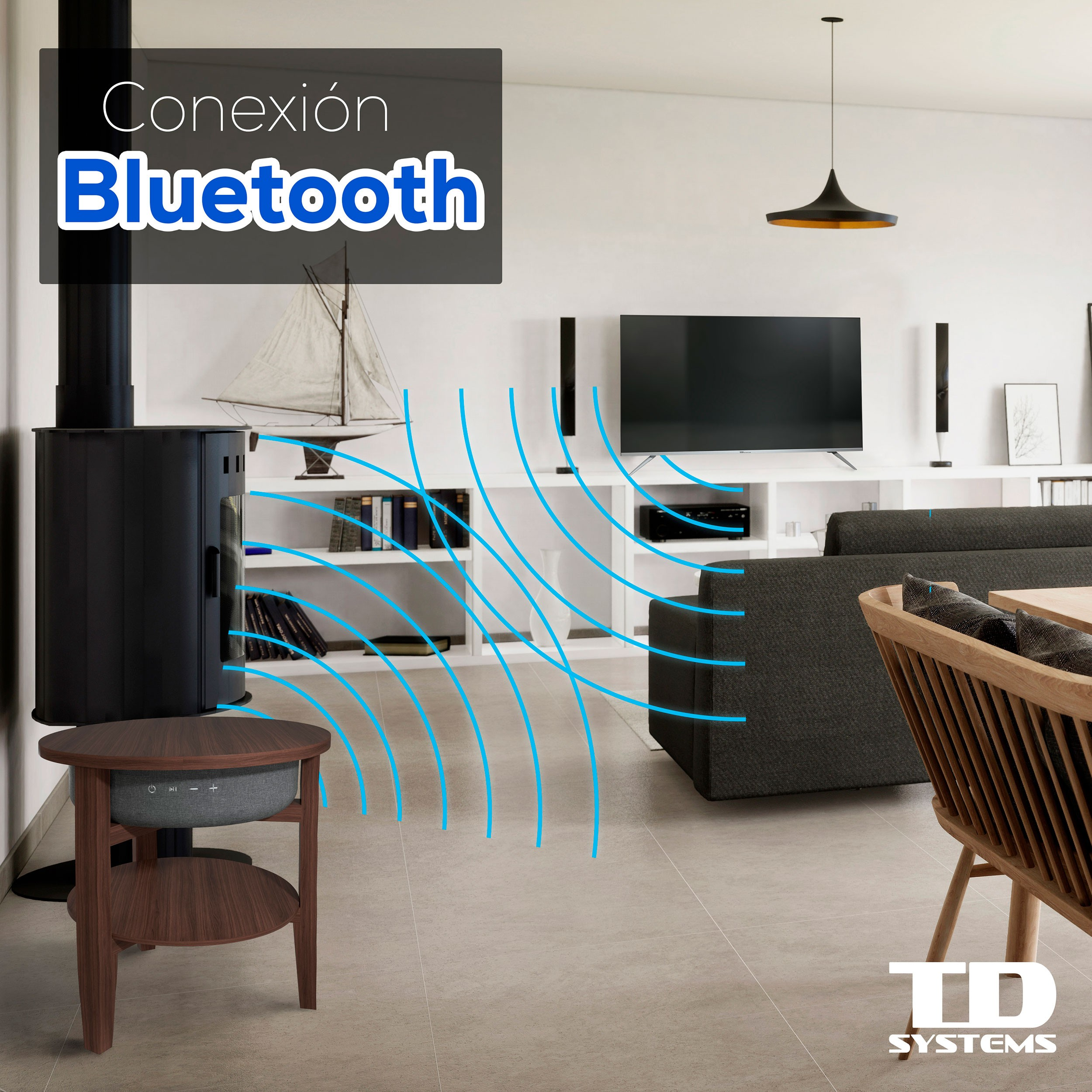 Escena de sala con mesa de altavoz y texto Bluetooth.