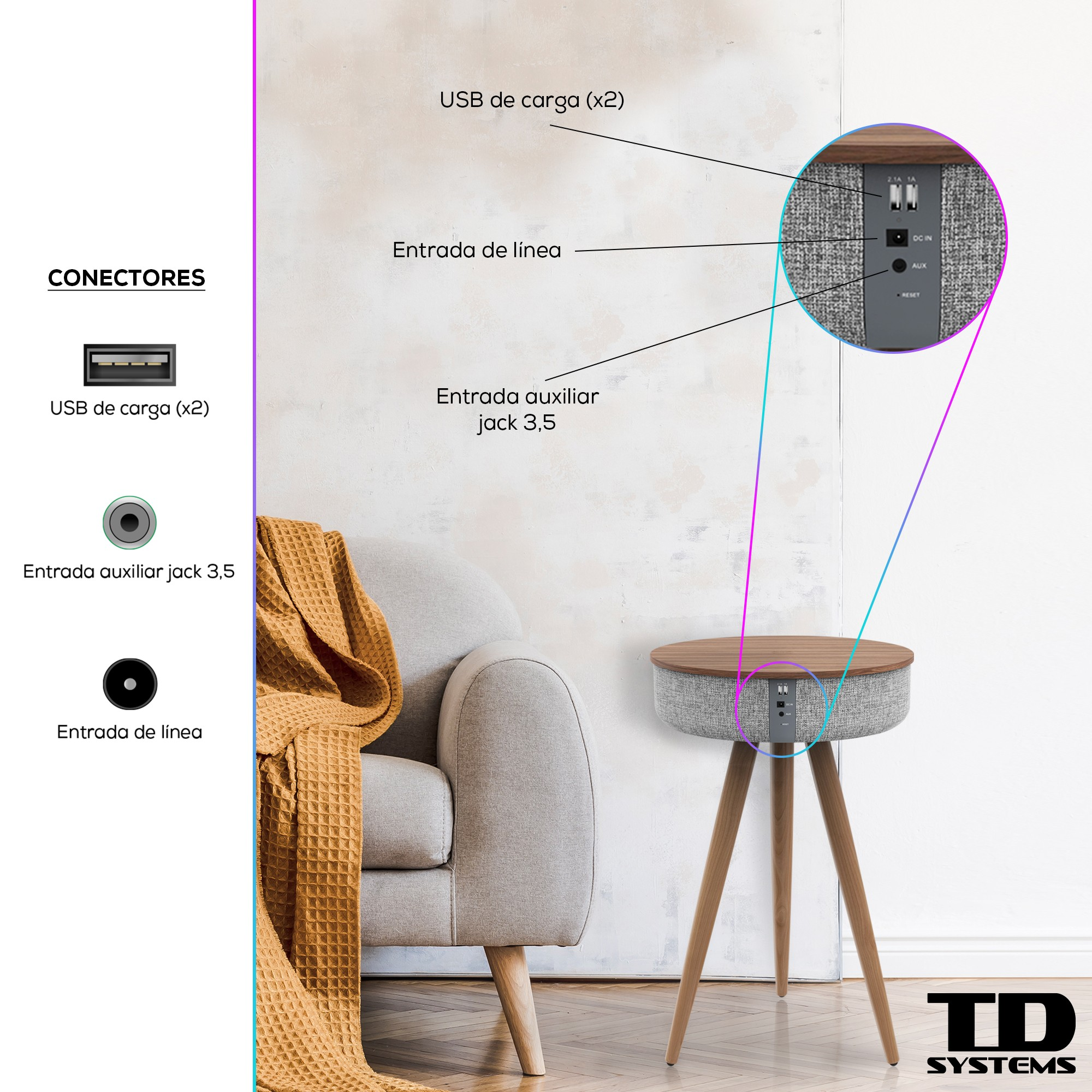 Una mesa de altavoz. Tiene tapa de madera, base de tela gris y tres patas de madera. Está sobre un fondo blanco.