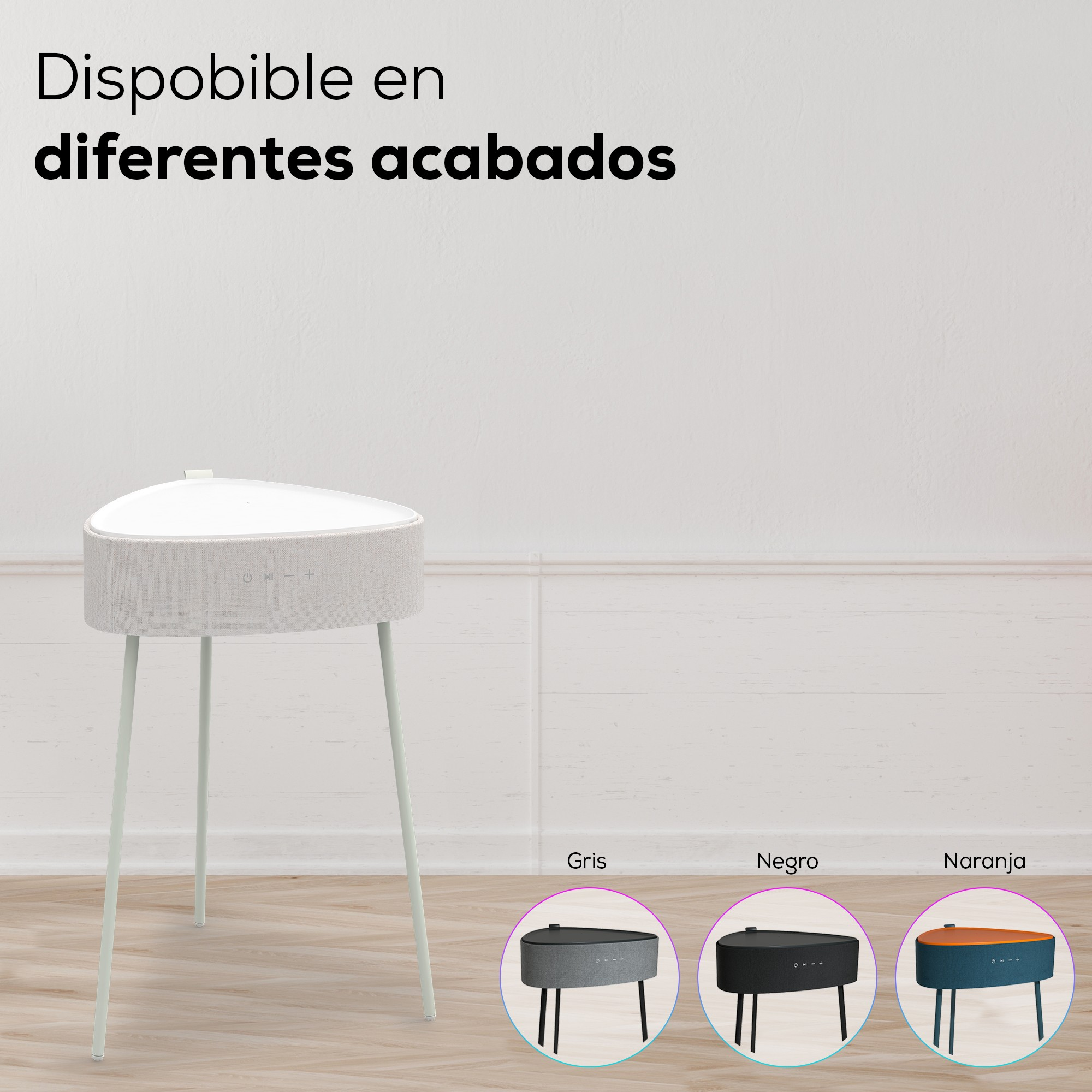 Mesa auxiliar moderna con tres opciones de color: gris, negro y naranja, contra una pared blanca.