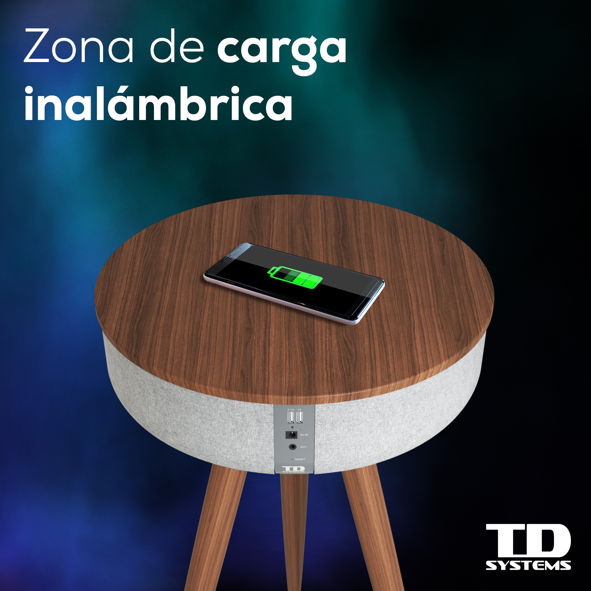 Una mesa redonda de madera con un smartphone cargando, con un altavoz y un logotipo de TD Systems.