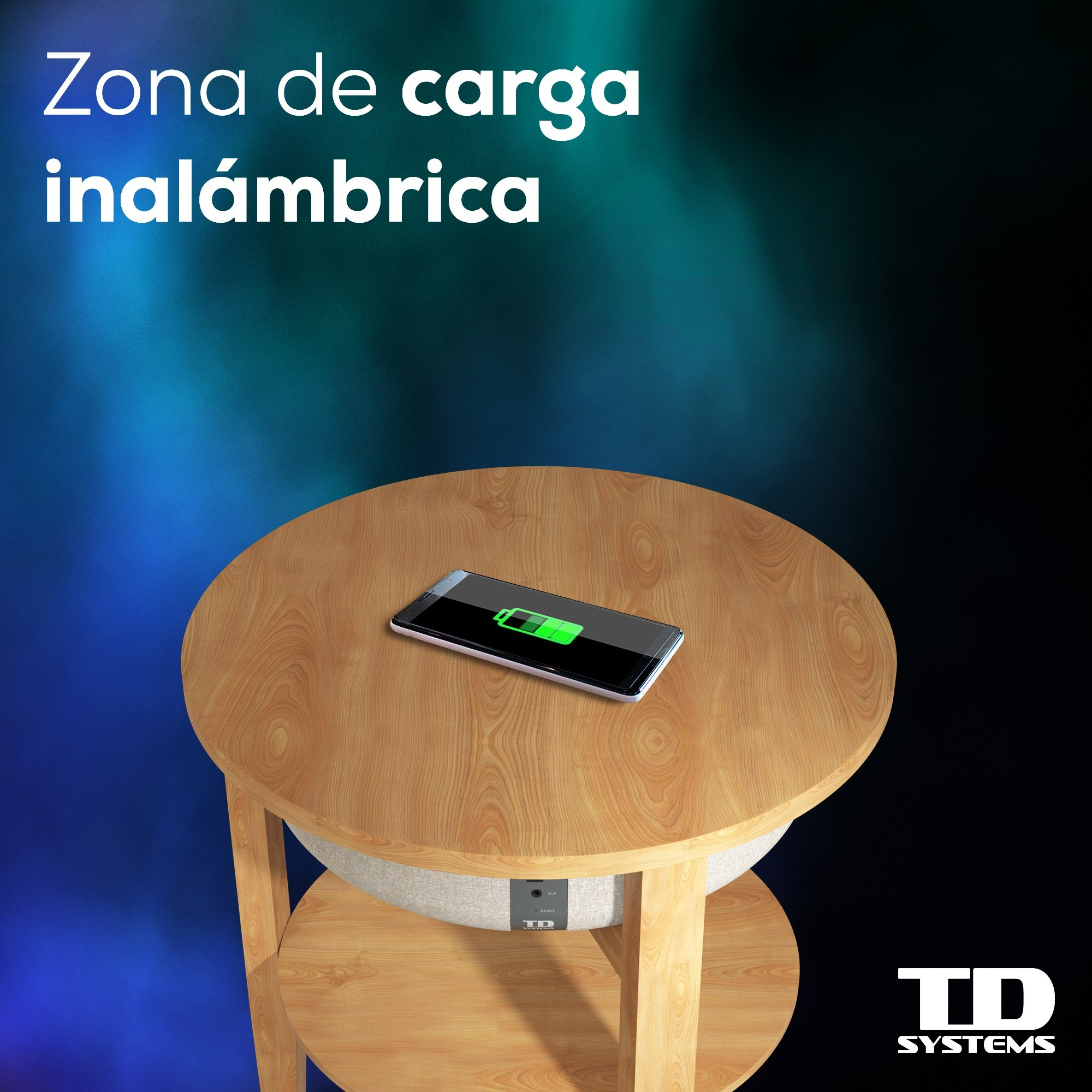 Mesa de madera con teléfono cargando. Texto: 'Zona de carga inalámbrica'.