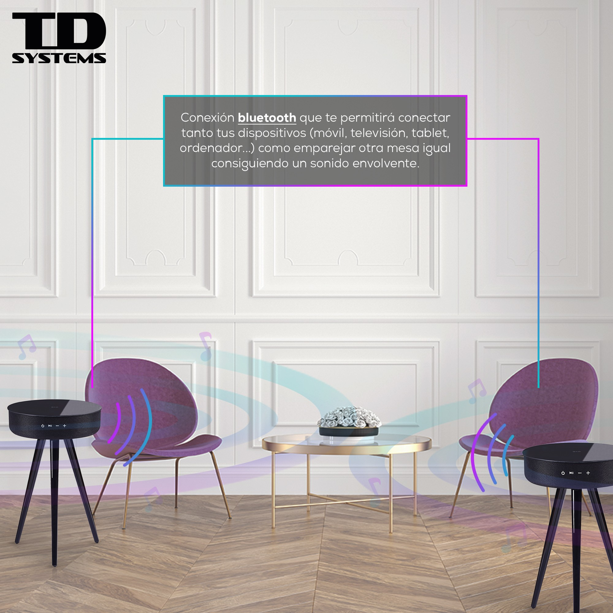 Dos altavoces negros y dos sillas moradas alrededor de una mesa de centro. El texto en español describe la conexión bluetooth.