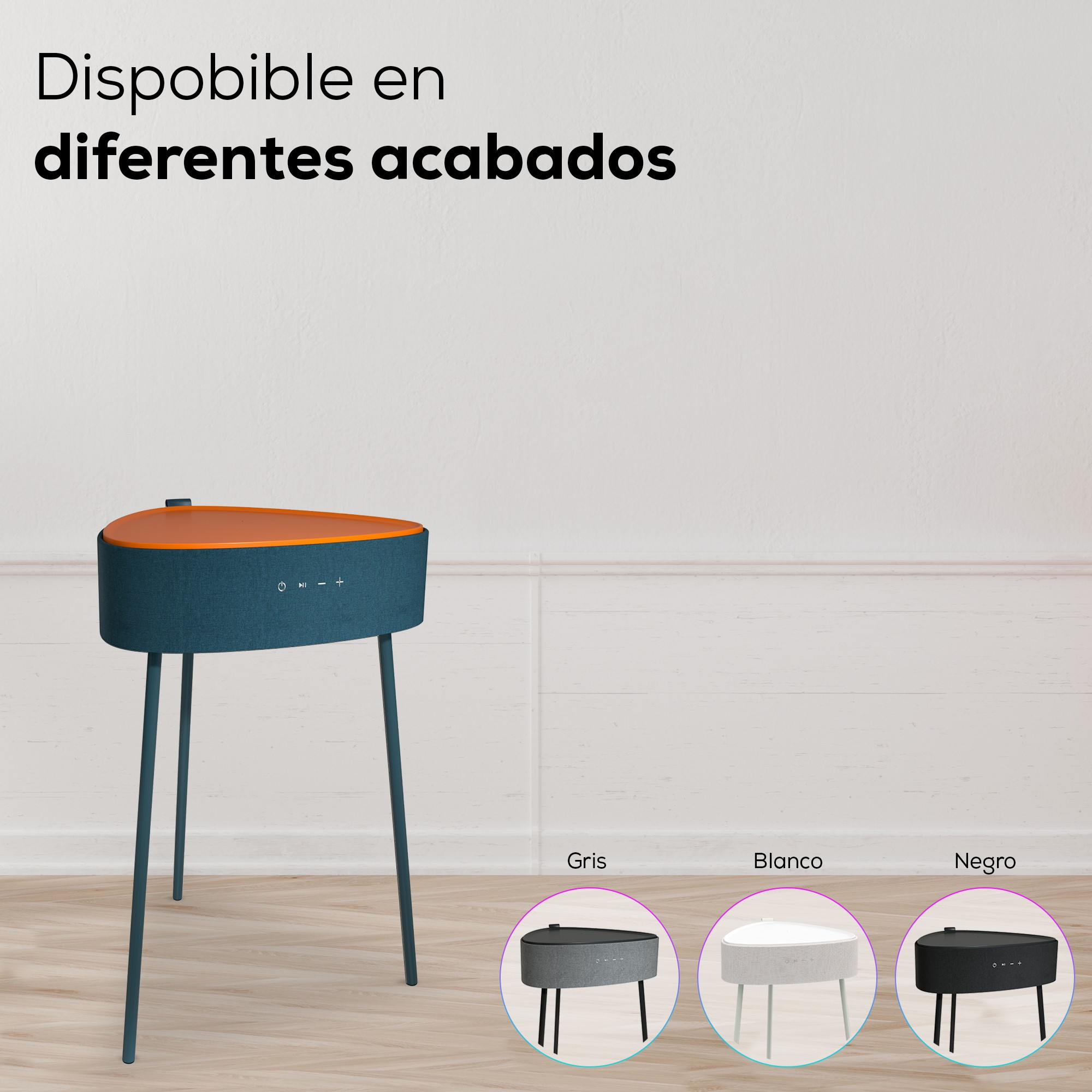 Un altavoz moderno, azul y naranja sobre patas de trípode, con tres colores alternativos que se muestran debajo.