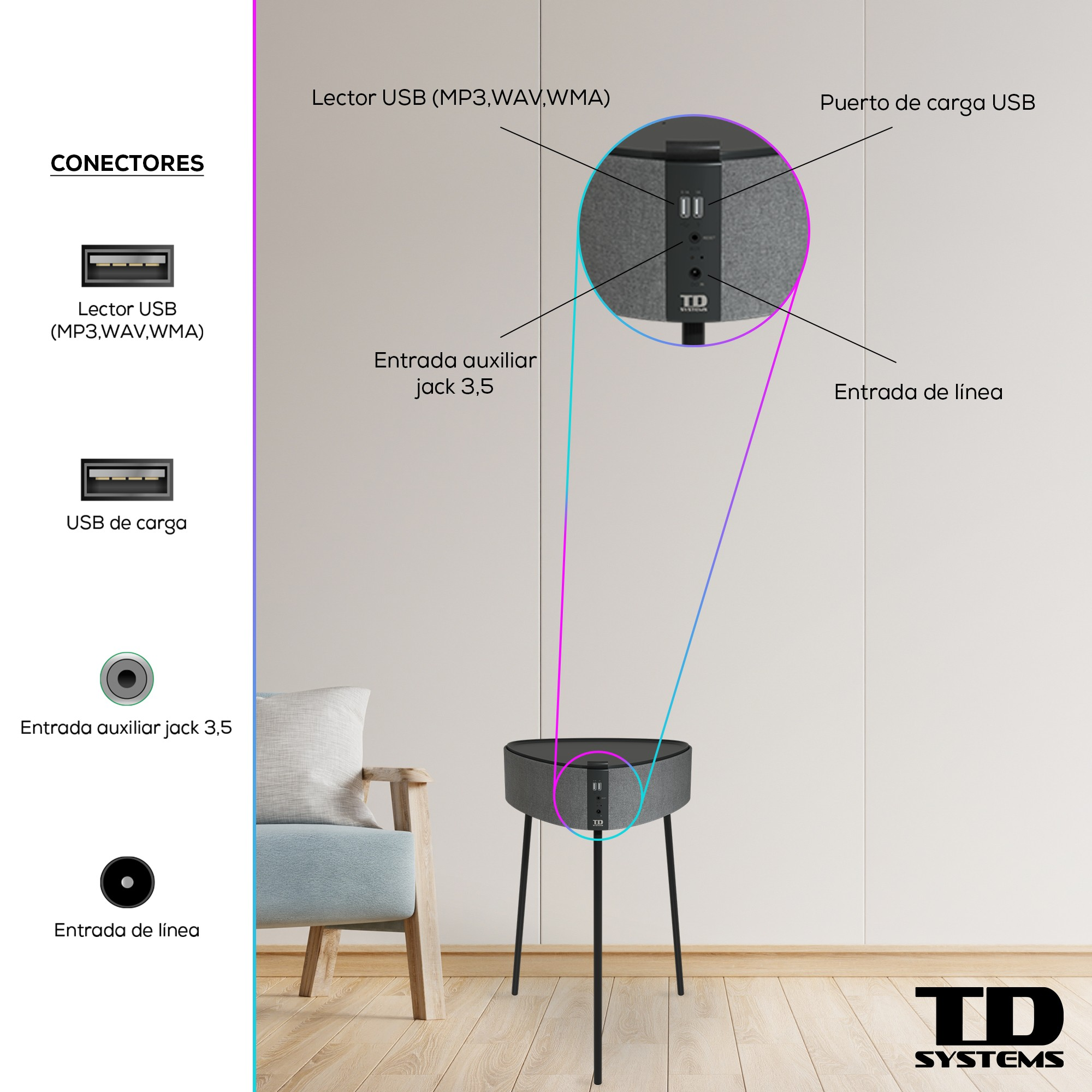 Un altavoz, con cuerpo negro y cubierta de tela gris, sobre un soporte de tres patas.