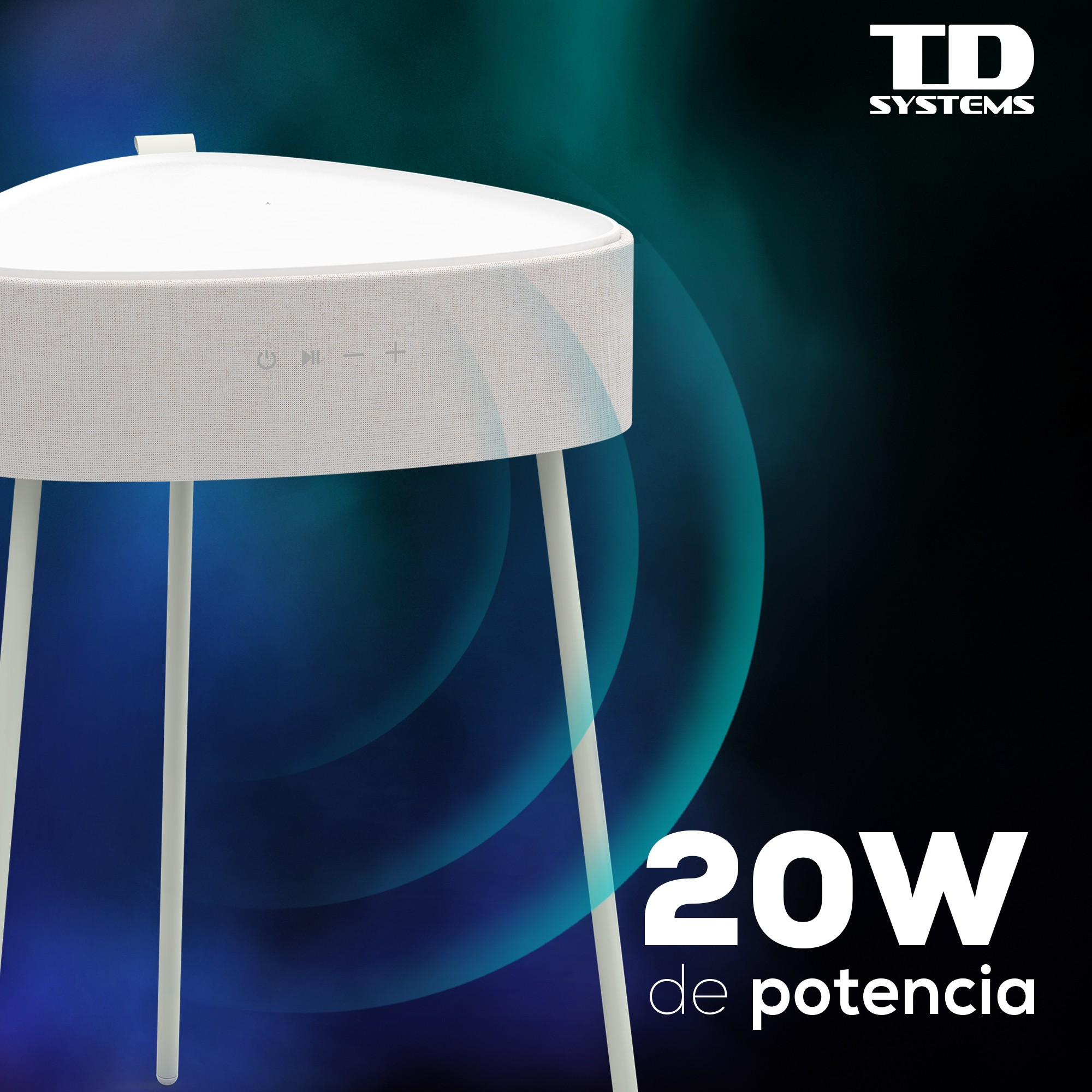 Altavoz blanco sobre tres patas, fondo degradado azul y negro.
