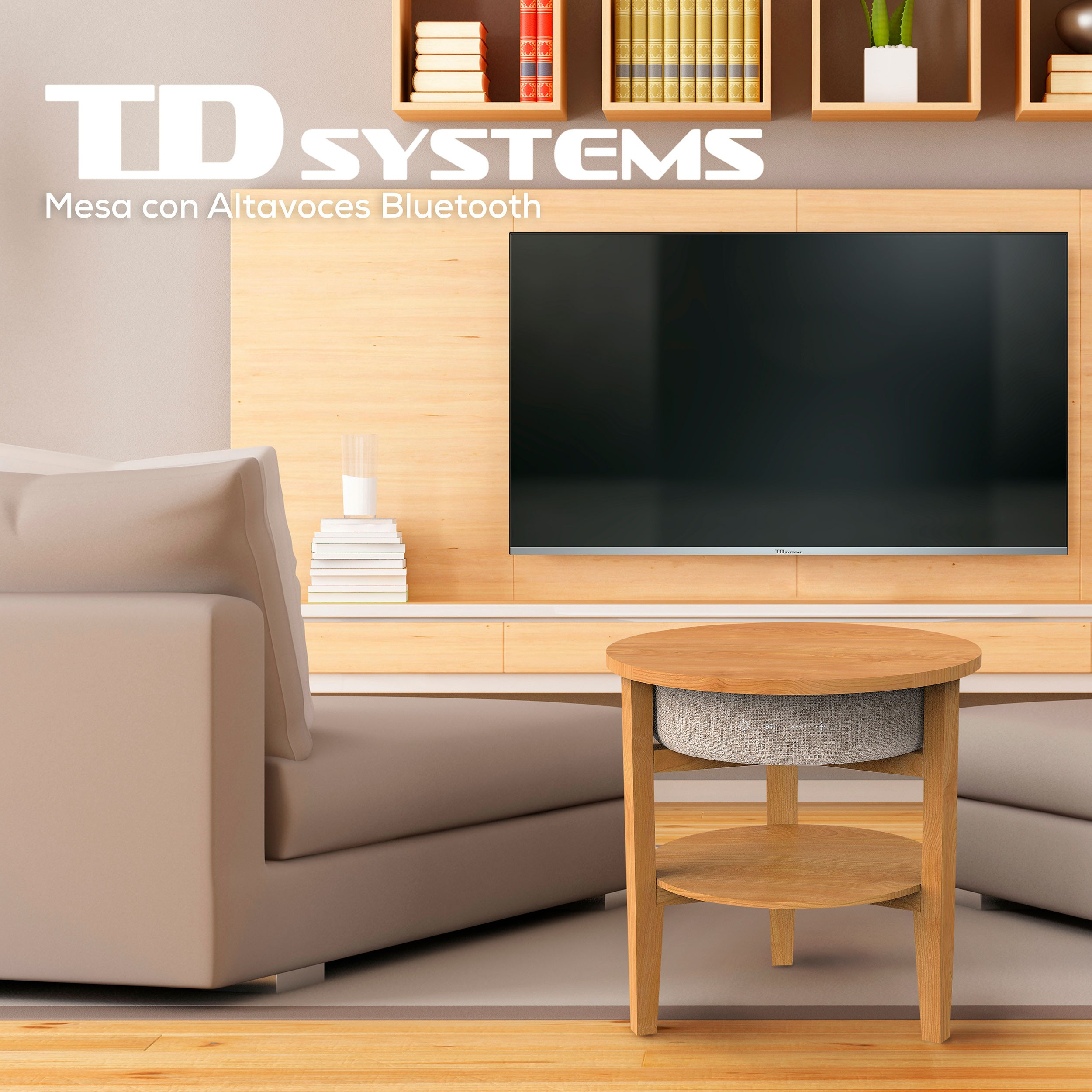 Configuración de sala de estar con TV, sofá y mesa de madera con altavoz.