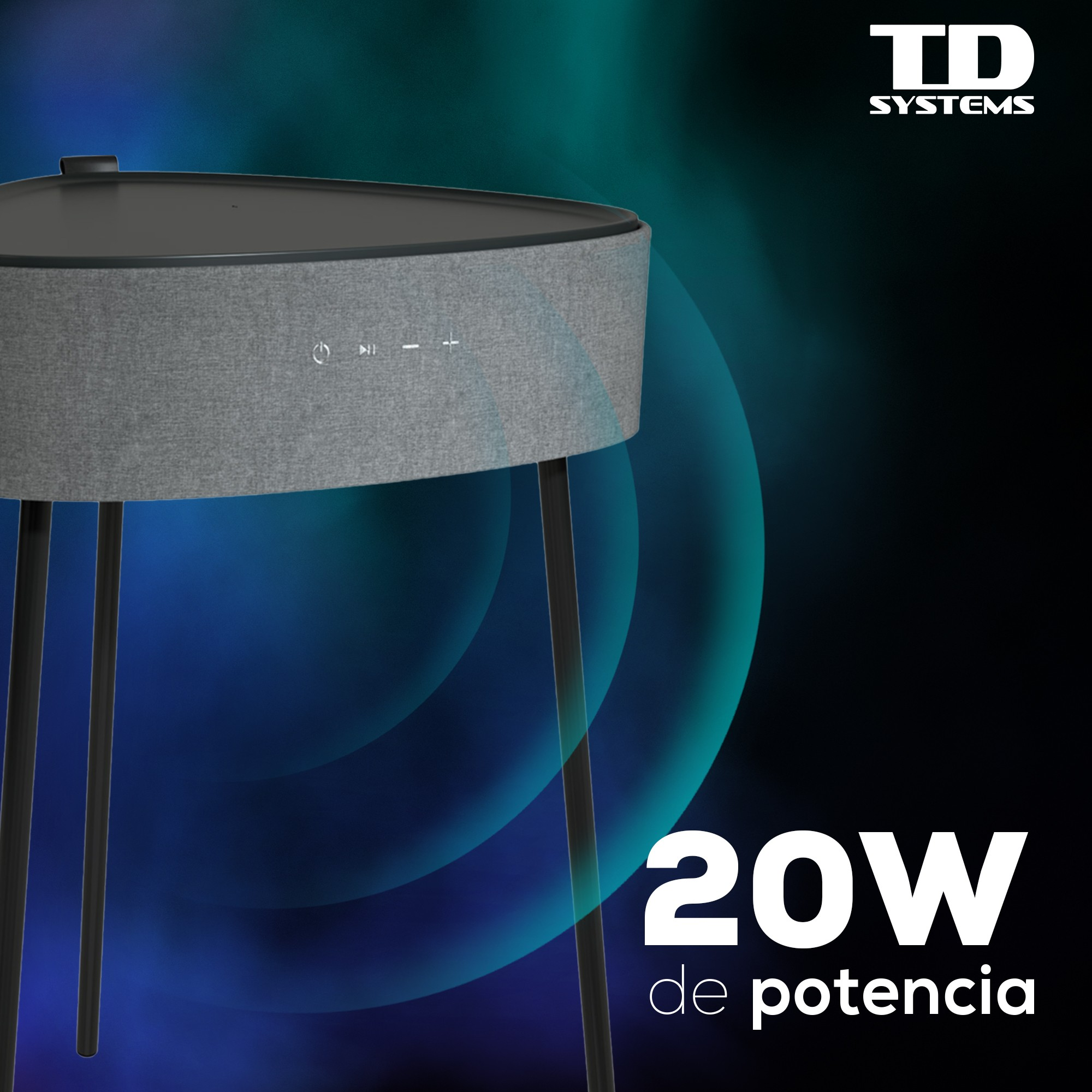 Una mesa de altavoz moderna con un altavoz gris, sobre un soporte negro, con un fondo azul.