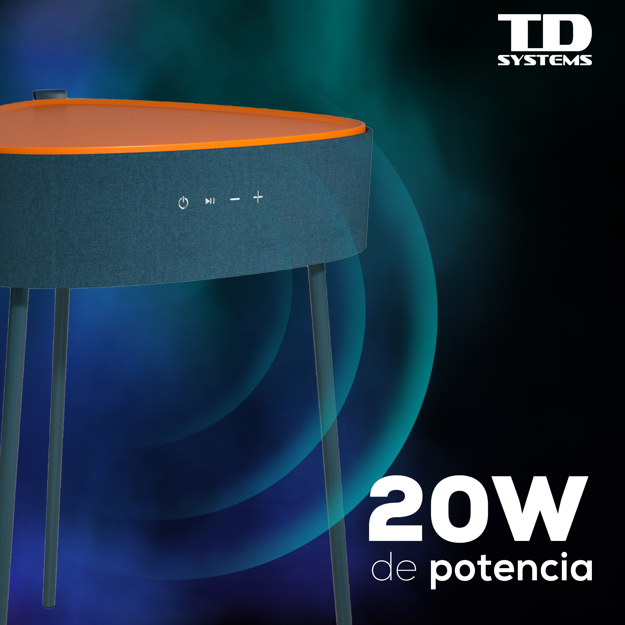 Un altavoz redondo con tela turquesa y tapa naranja. Con botones y patas.