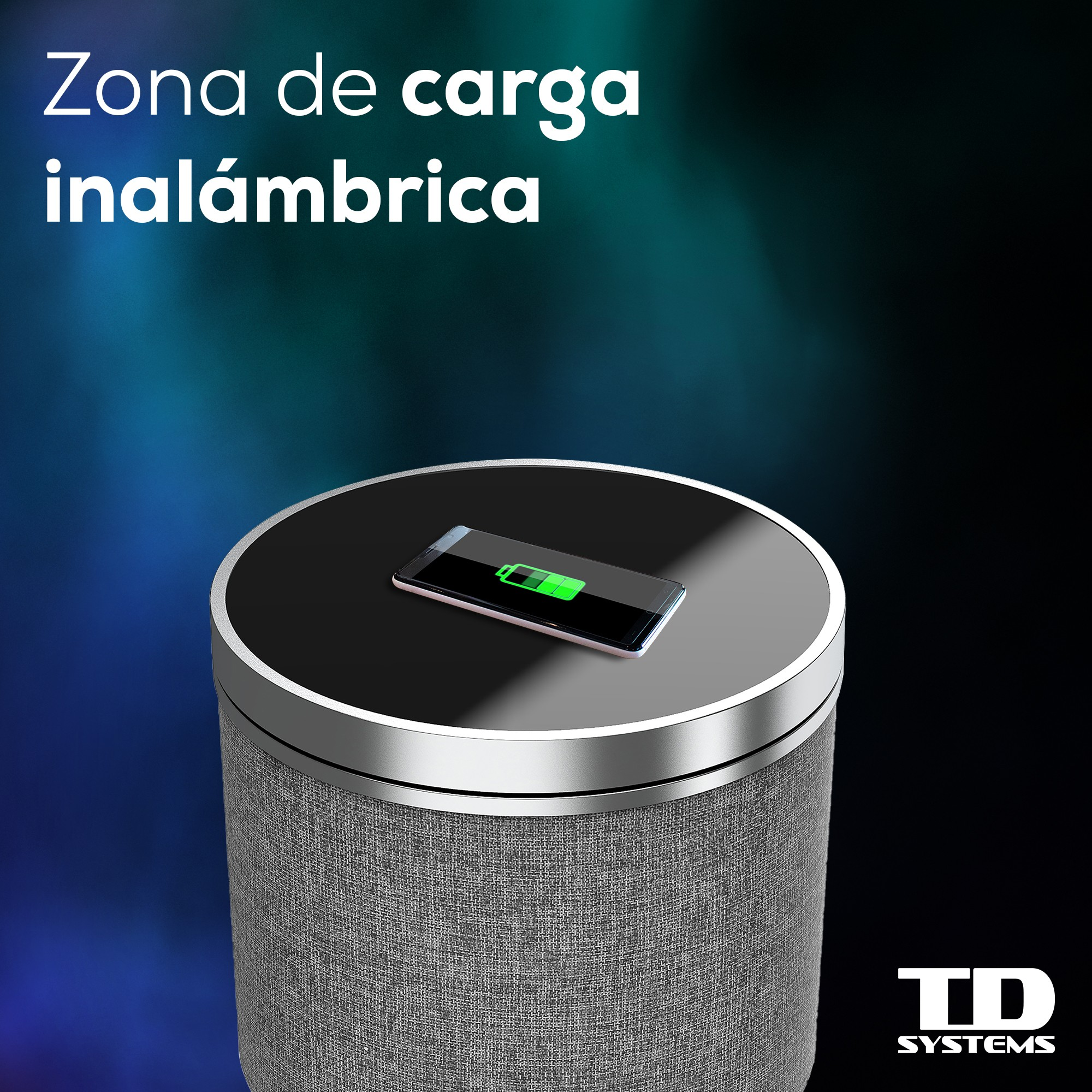 Un dispositivo de carga inalámbrica con un teléfono encima. Fondo negro con degradado azul.