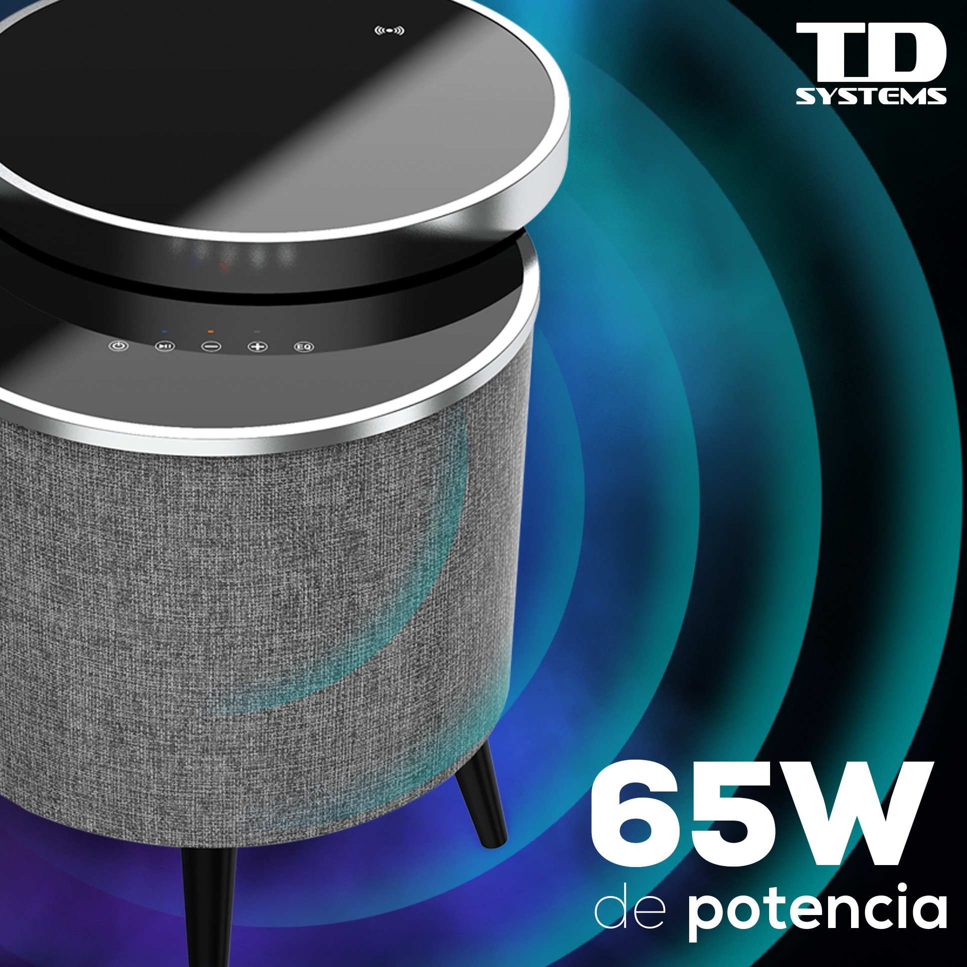 Un altavoz cilíndrico con cubierta de tela gris, parte superior y patas negras, y el texto '65W de potencia'.