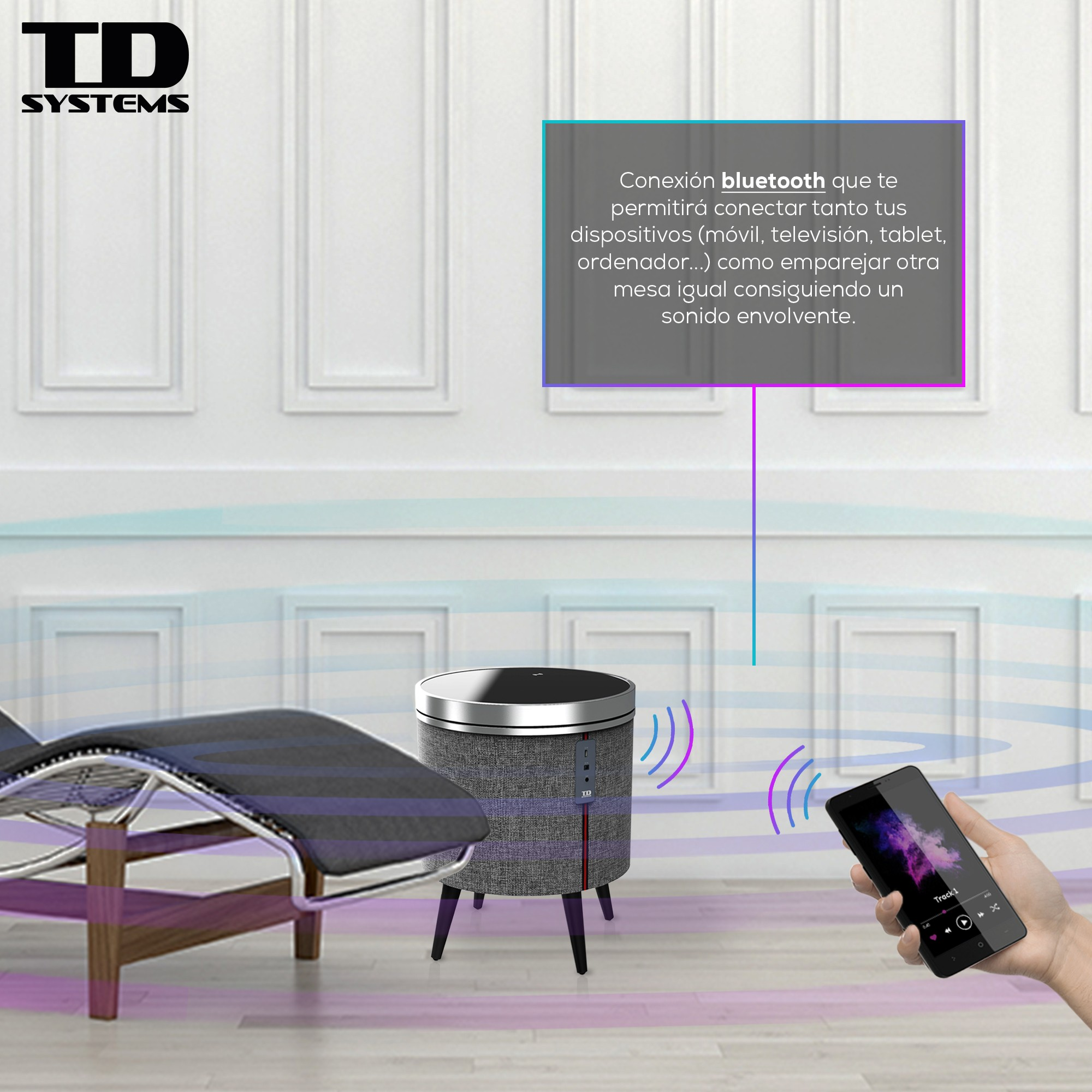 Un altavoz con un teléfono mostrando música. Se menciona la conexión Bluetooth con una burbuja.