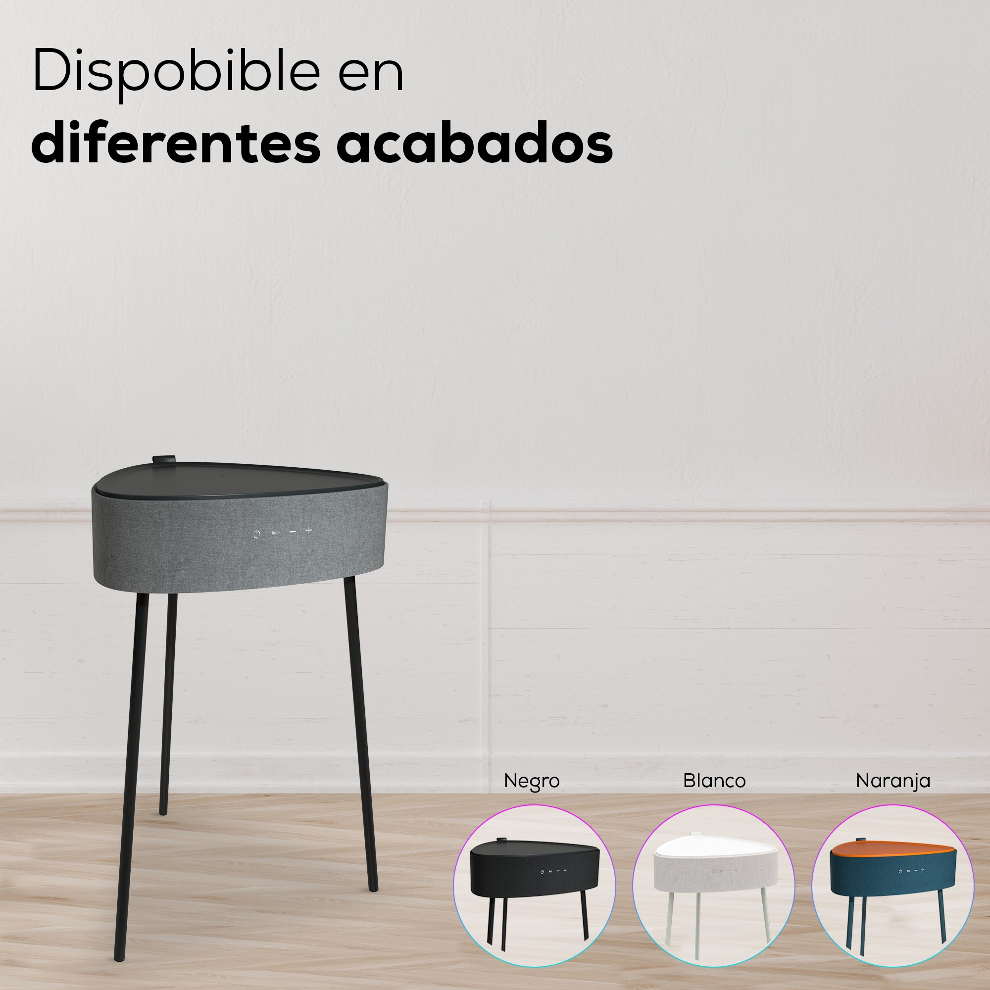 Mesa auxiliar con tres opciones de color: negro, blanco y naranja. Texto: 'Disponible en diferentes acabados'.
