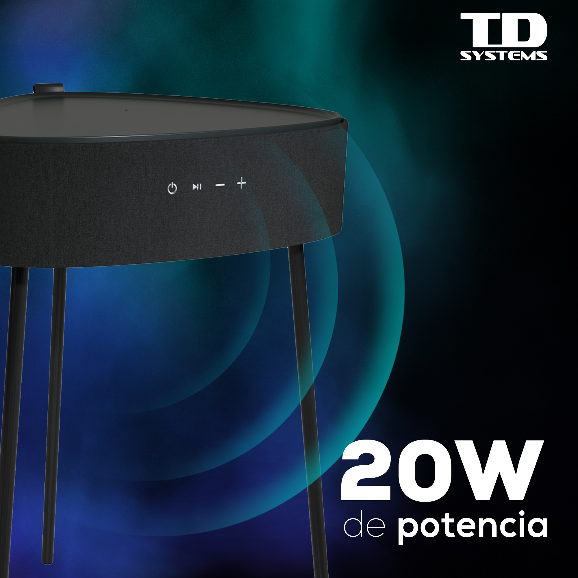 Mesa de altavoz negra con tapa y patas negras. Fondo azul y verde con texto.