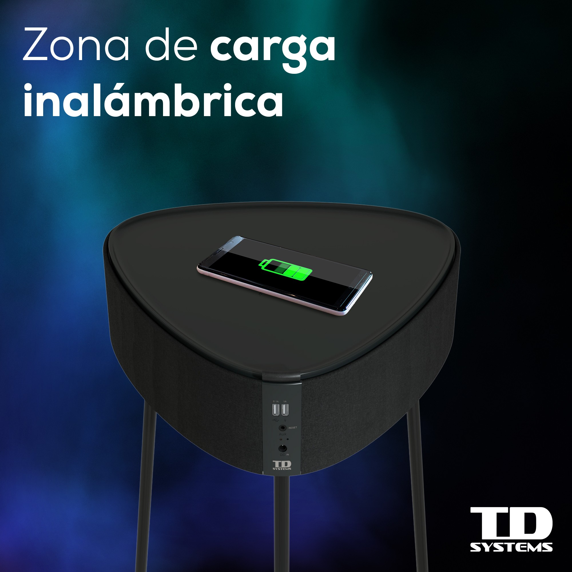 Un altavoz negro y triangular con un teléfono cargando. El texto dice 'Zona de carga inalámbrica'.