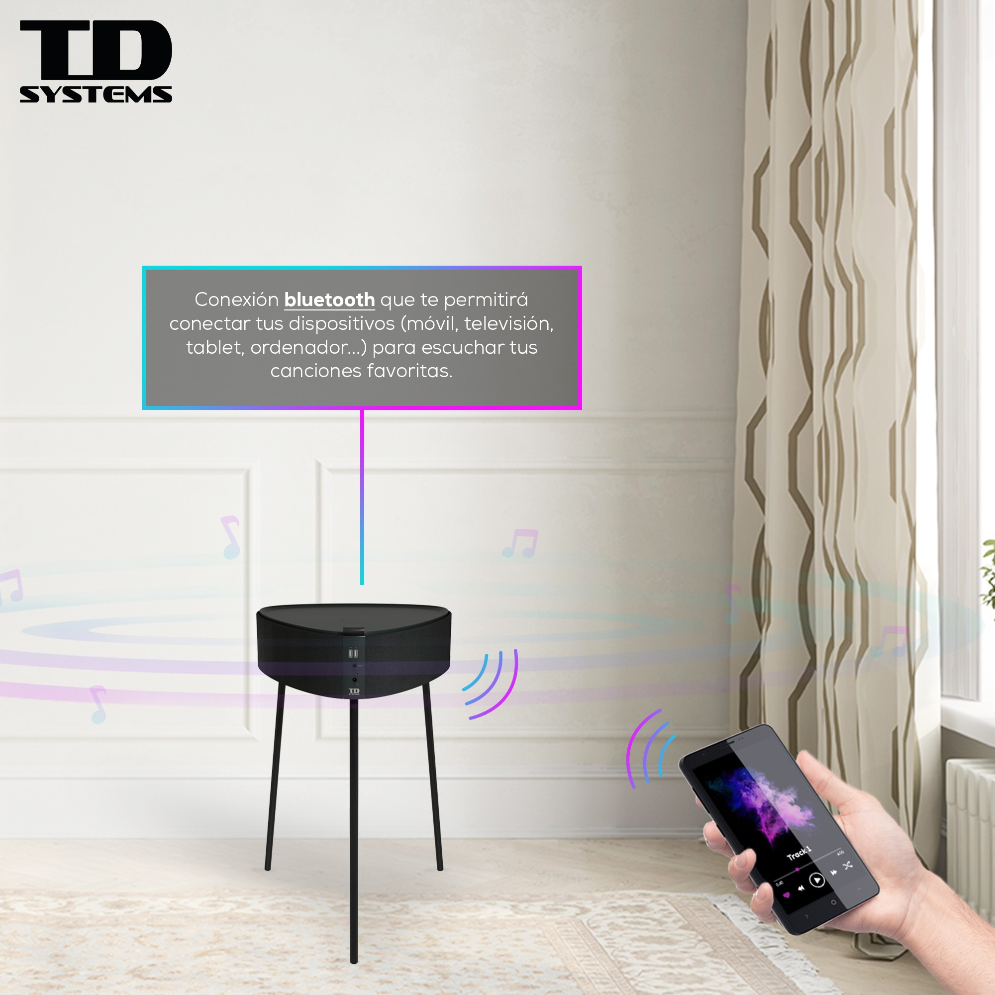 Altavoz negro en soporte, un teléfono reproduce música. Ondas sonoras moradas del altavoz y el teléfono.