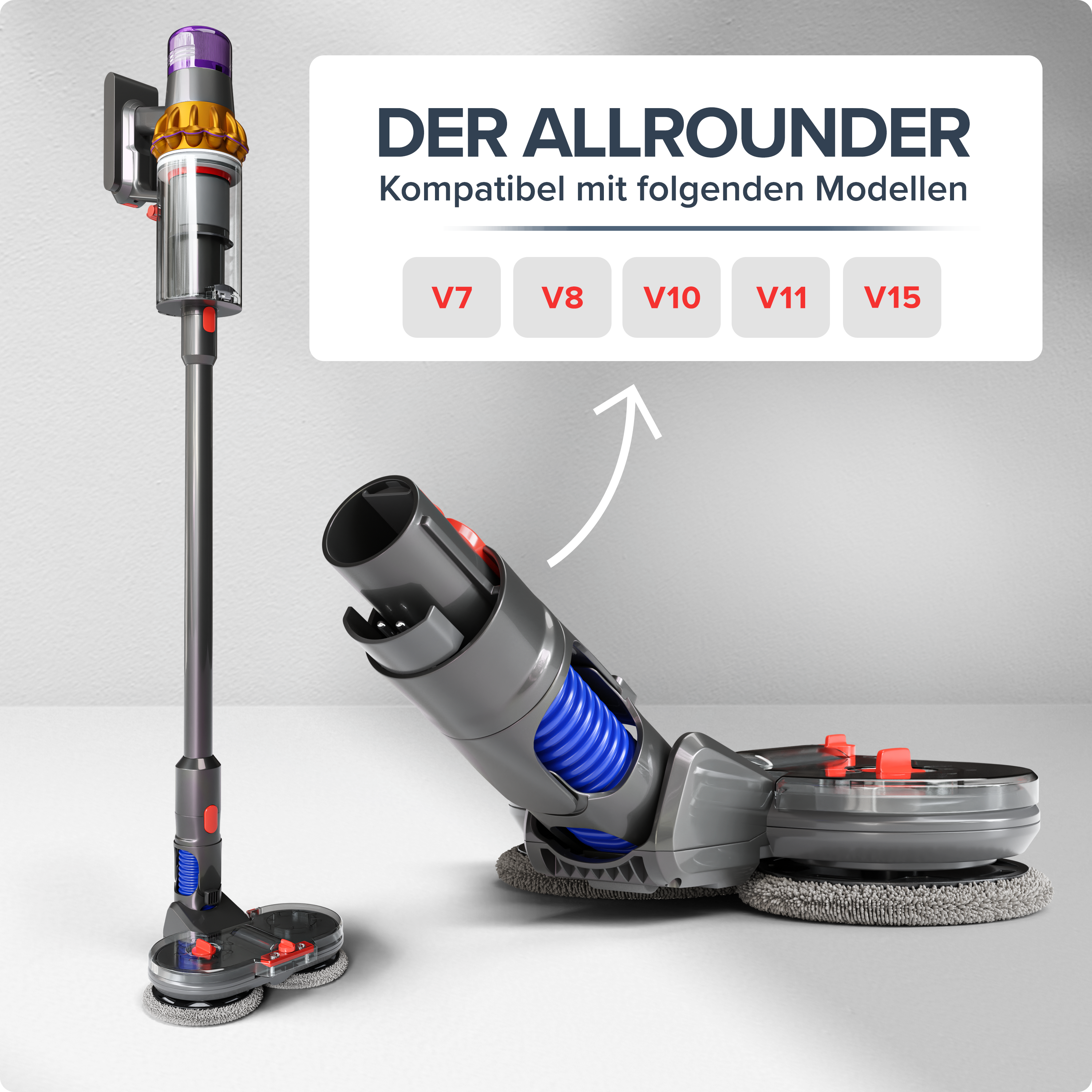 Staubsauger mit Kopf und verschiedenen Aufsätzen, mit Text: "DER ALLROUNDER", kompatible Modelle gelistet.