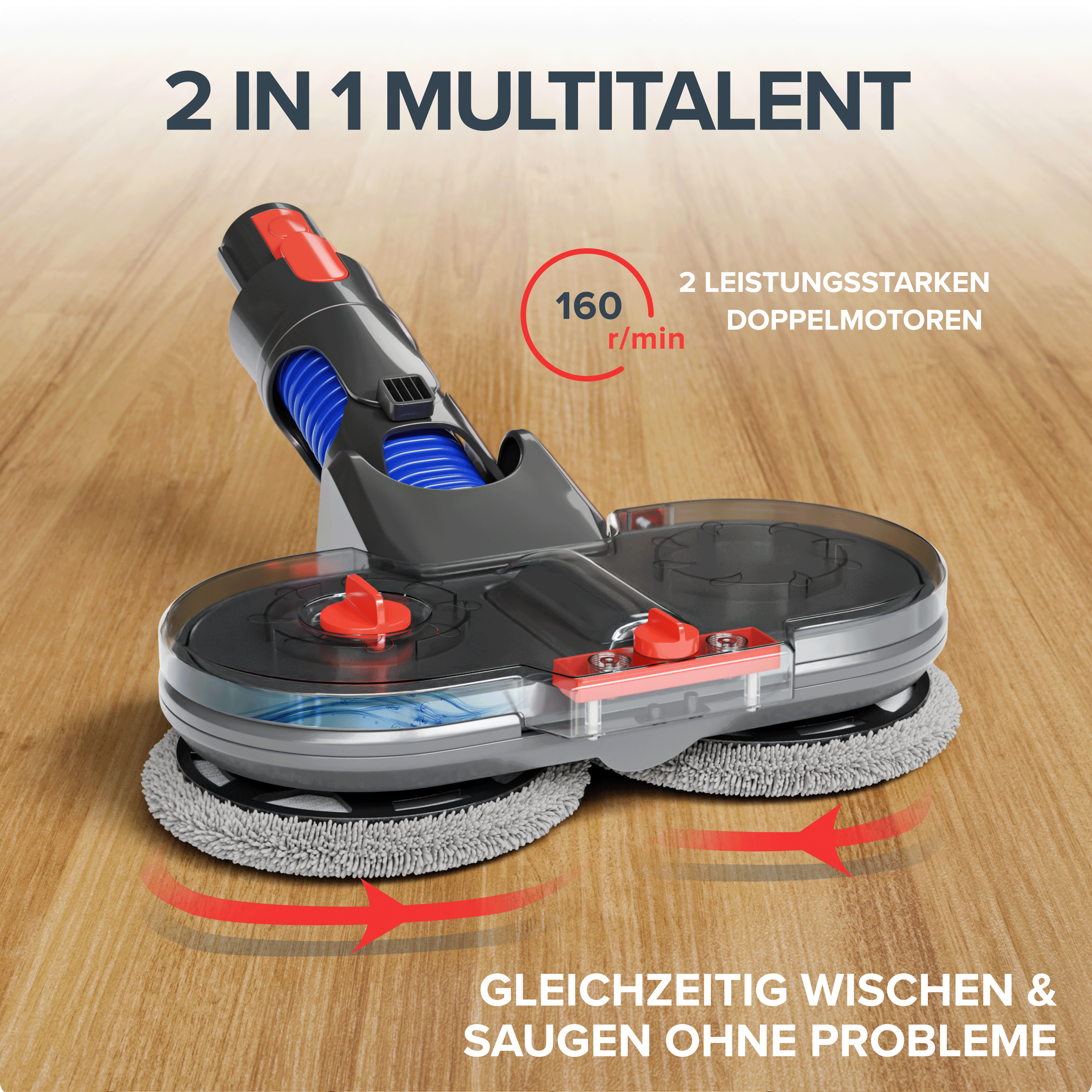 Ein Bodenreinigungsgerät mit roten Pfeilen, die die Reinigungsaktion zeigen. Text sagt '2 in 1 Multi-Talent'.