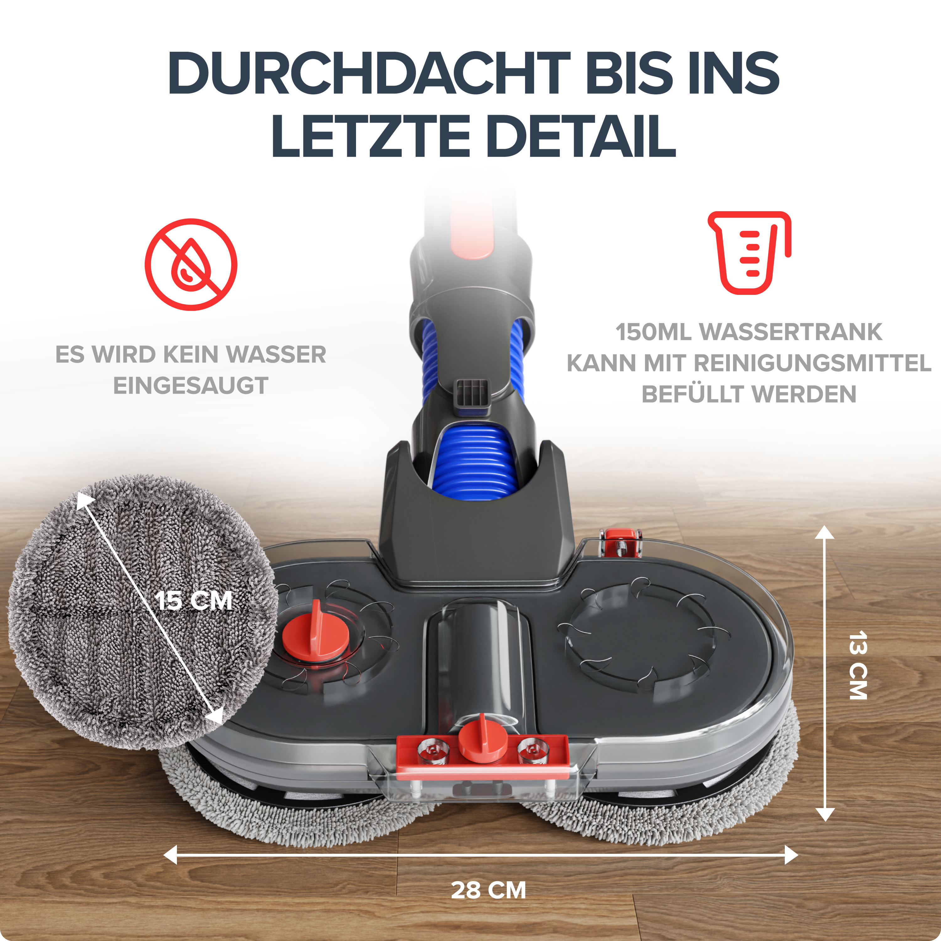 Eine Bodenreinigungsmaschine mit Abmessungen und Text vor einem Holzbodenhintergrund.