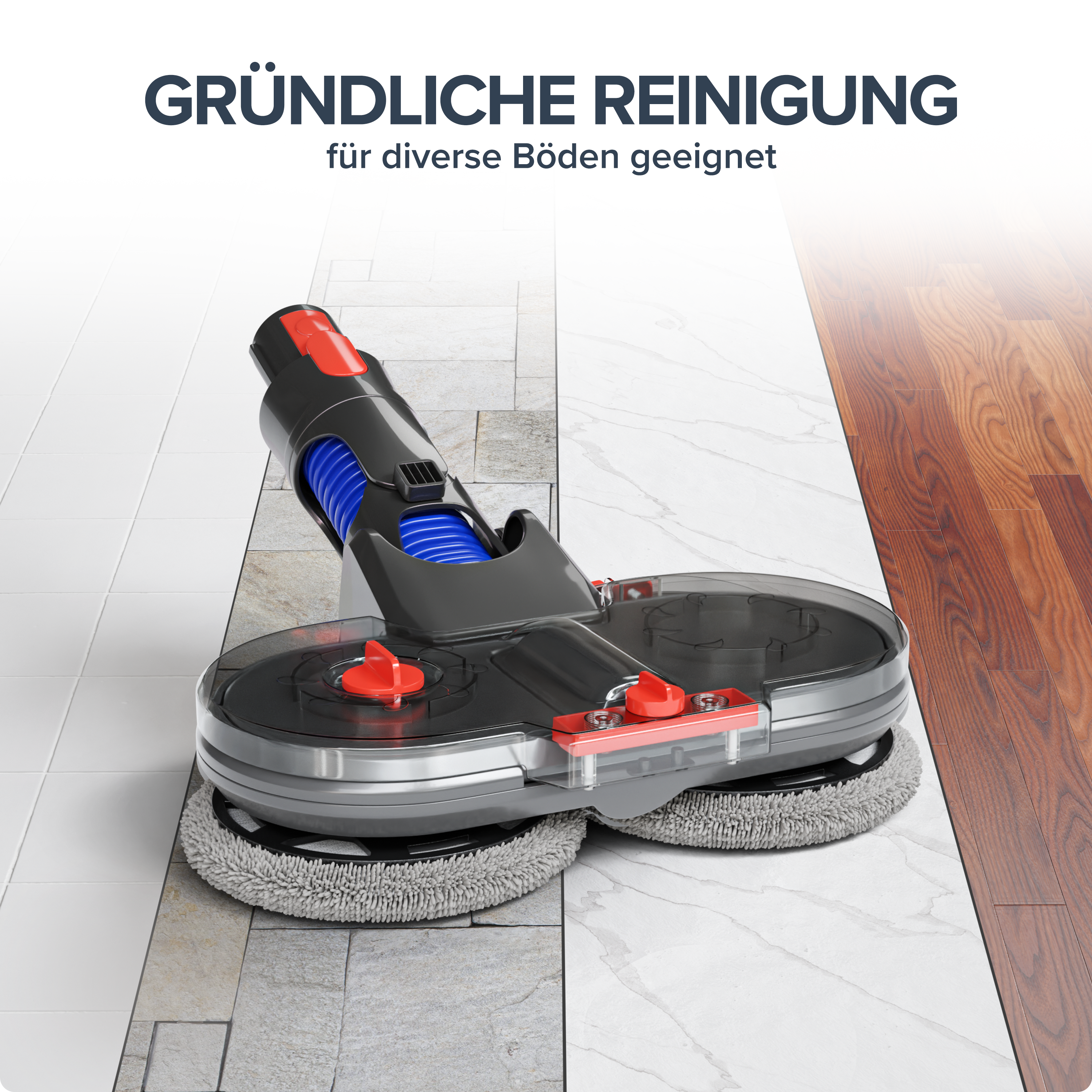 Bodenreiniger mit grau-rotem Design, reinigt Fliesen- und Holzboden.