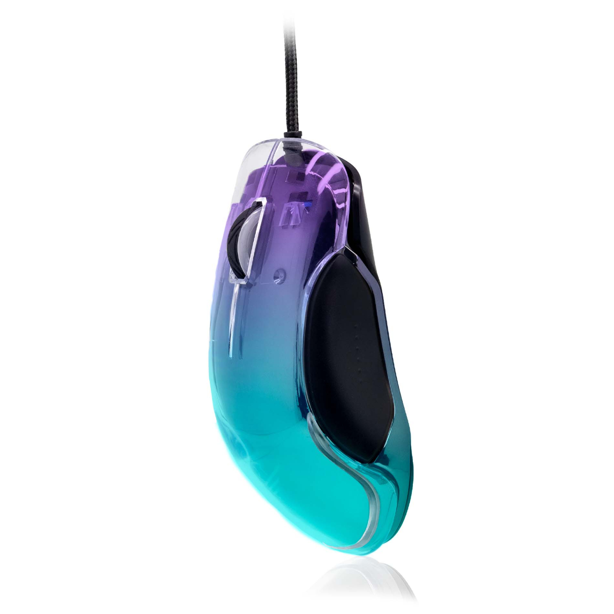 Ratón gaming con un color degradado azul y morado. El ratón tiene un cable negro.