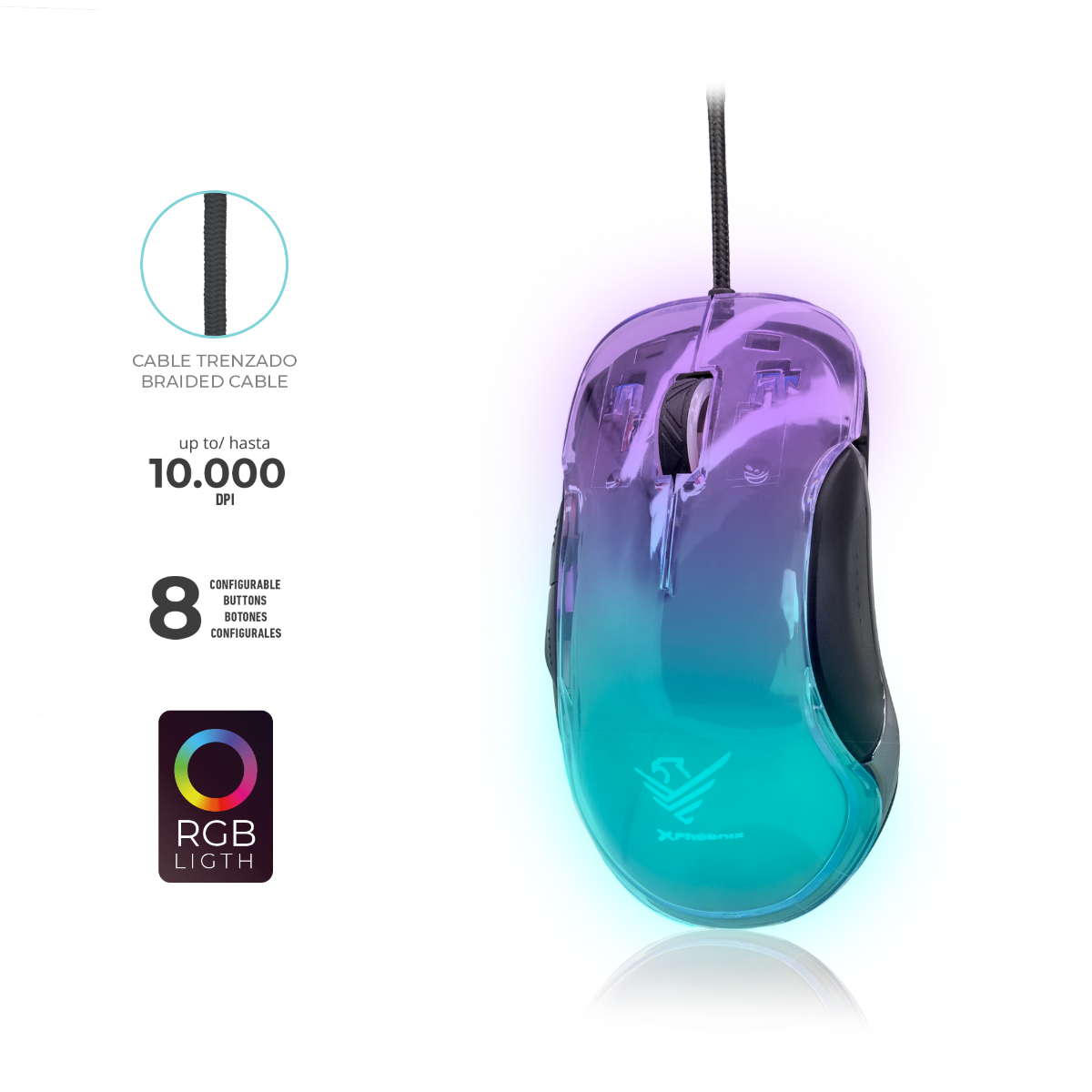 Un ratón gaming con un cuerpo transparente que cambia de color, y texto sobre DPI y botones.