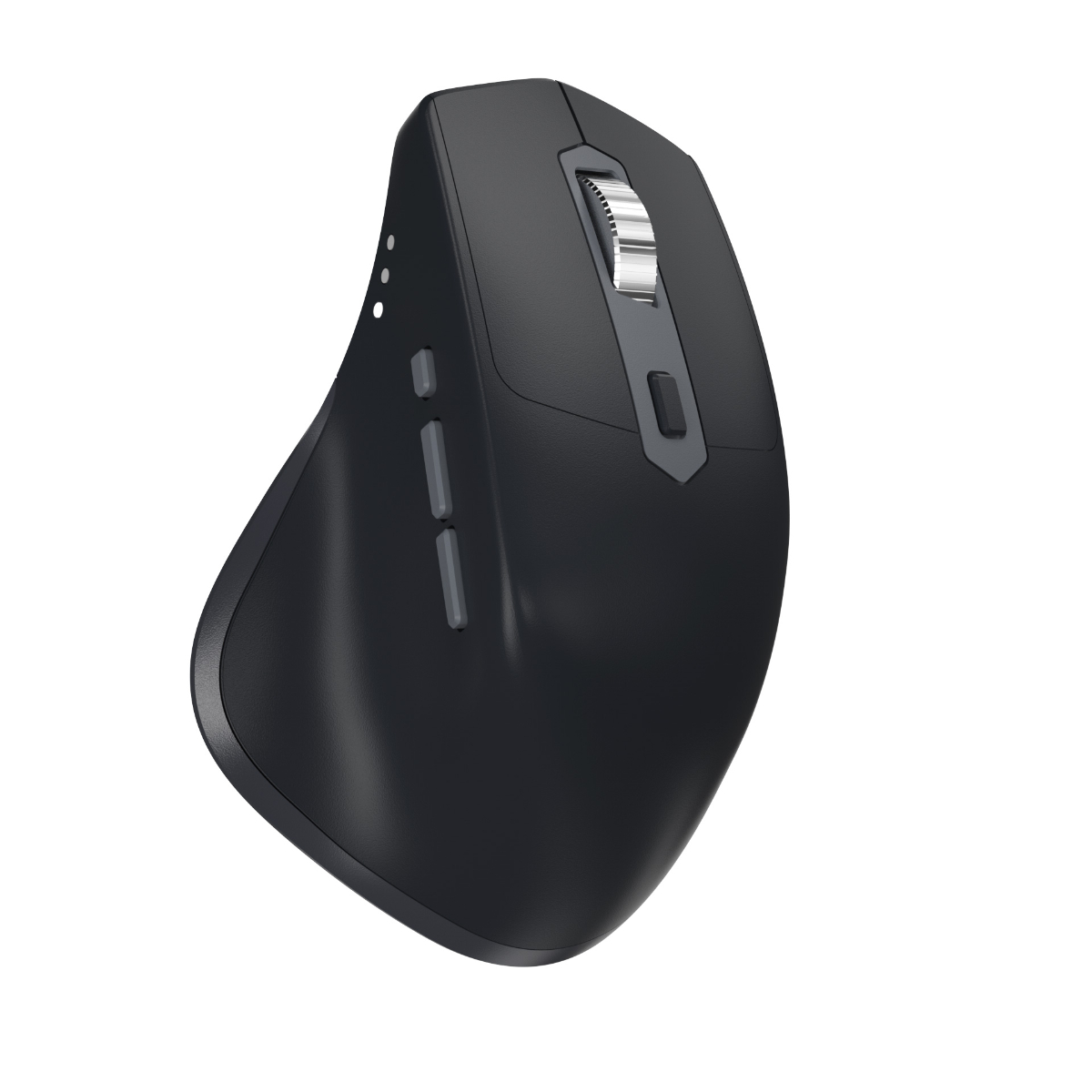 Ratón ergonómico negro con rueda de desplazamiento y botones. Está sobre fondo blanco.