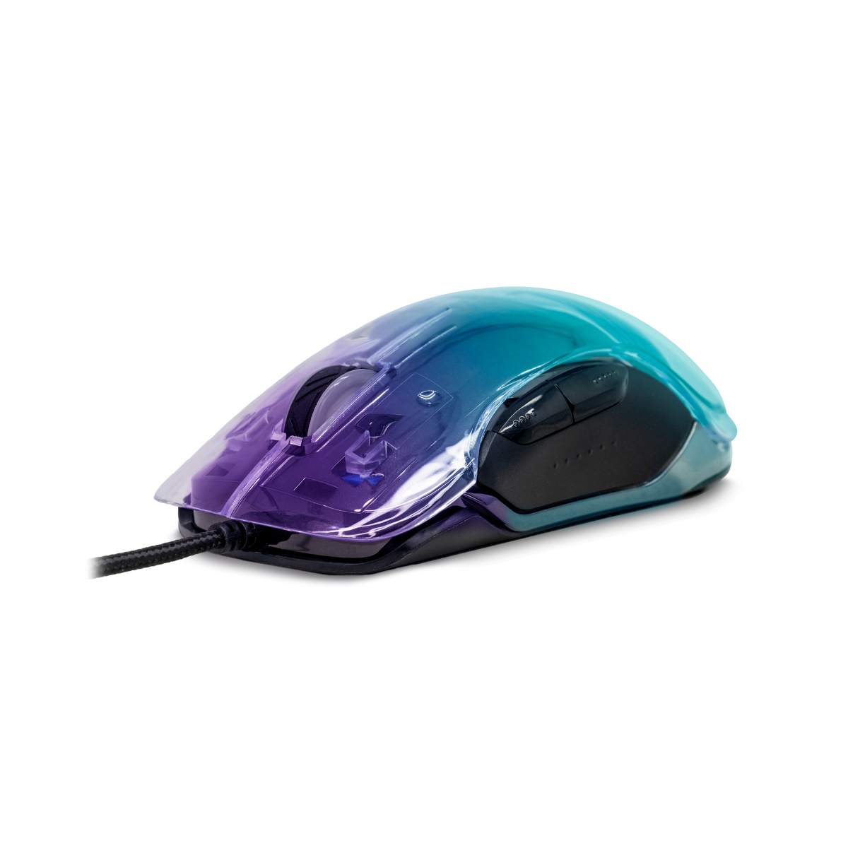 Ratón para juegos con carcasa transparente, degradado azul y morado, detalles negros y cable.