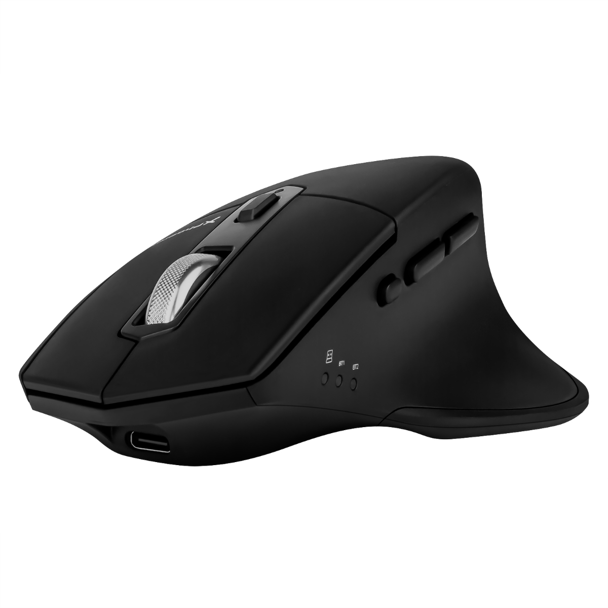 Ratón ergonómico negro con botones y rueda de desplazamiento. Aislado sobre fondo blanco.