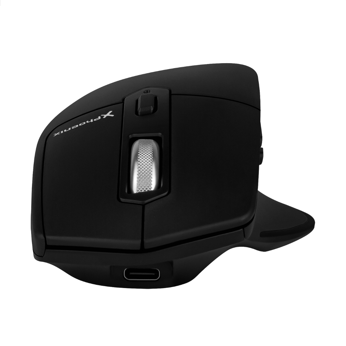 Ratón ergonómico negro con puerto USB-C, aislado sobre fondo blanco.