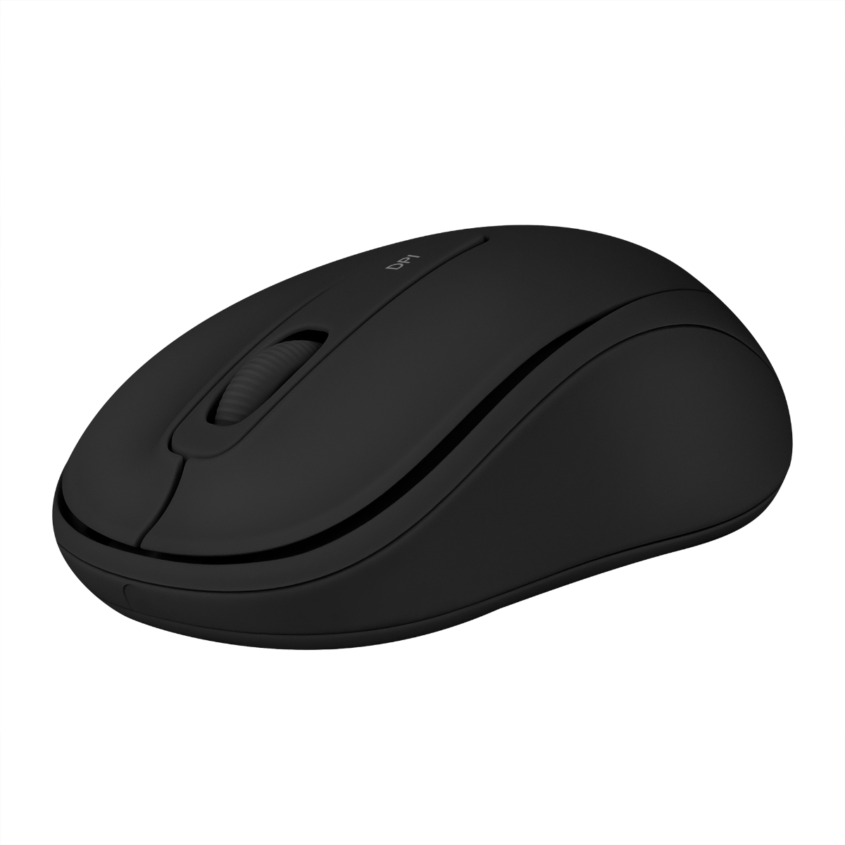 Ratón inalámbrico negro con rueda de desplazamiento y botón DPI.