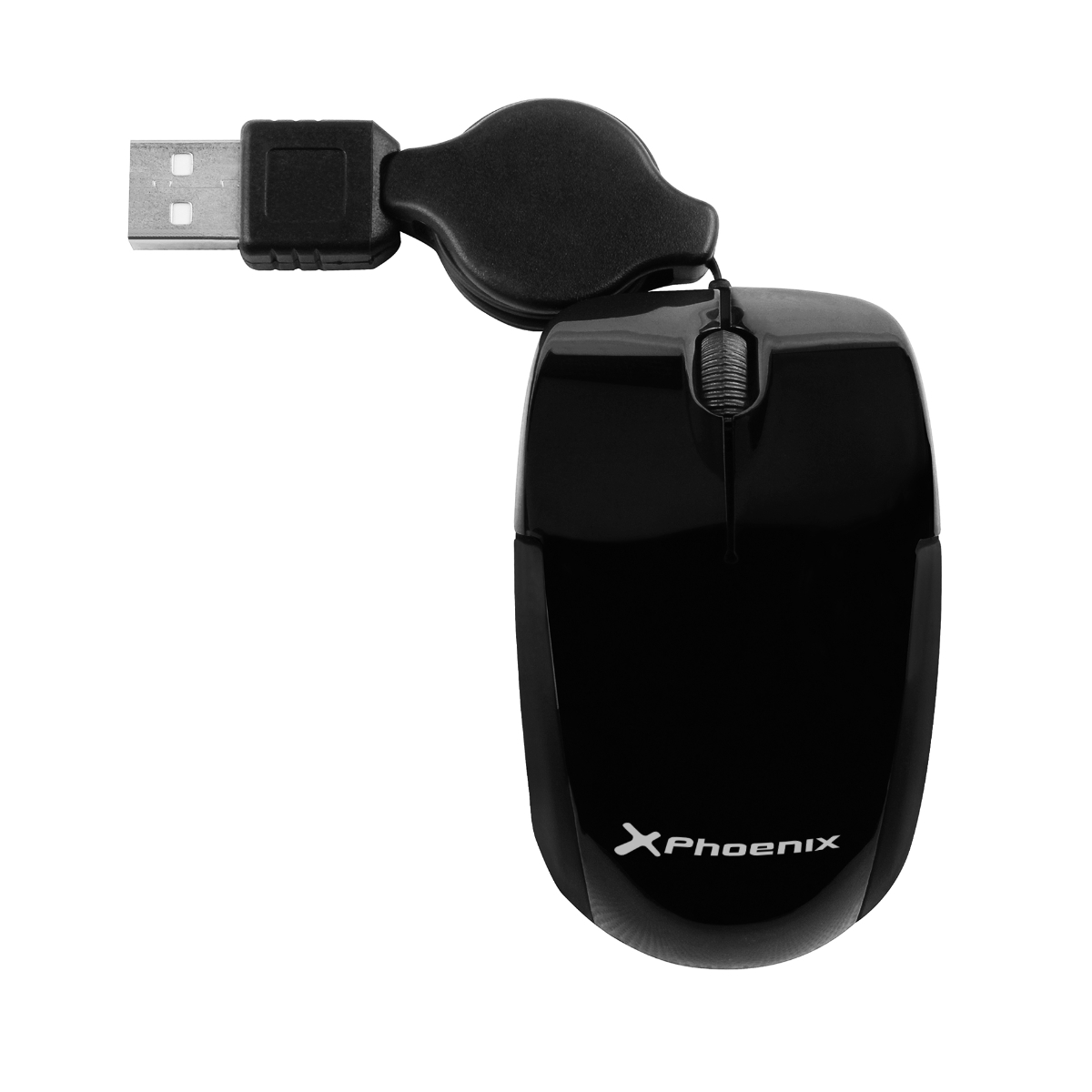 Ratón de ordenador negro con cable retráctil. El ratón tiene rueda de desplazamiento y la marca XPhoenix.