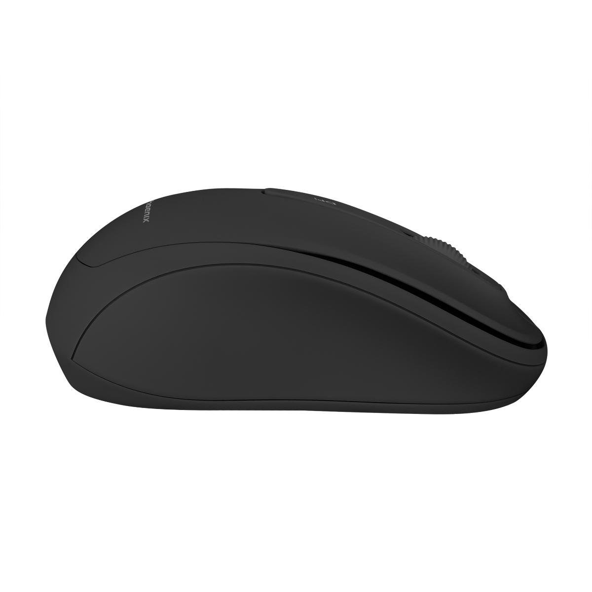Ratón de ordenador negro sobre fondo blanco. El ratón tiene un diseño elegante.