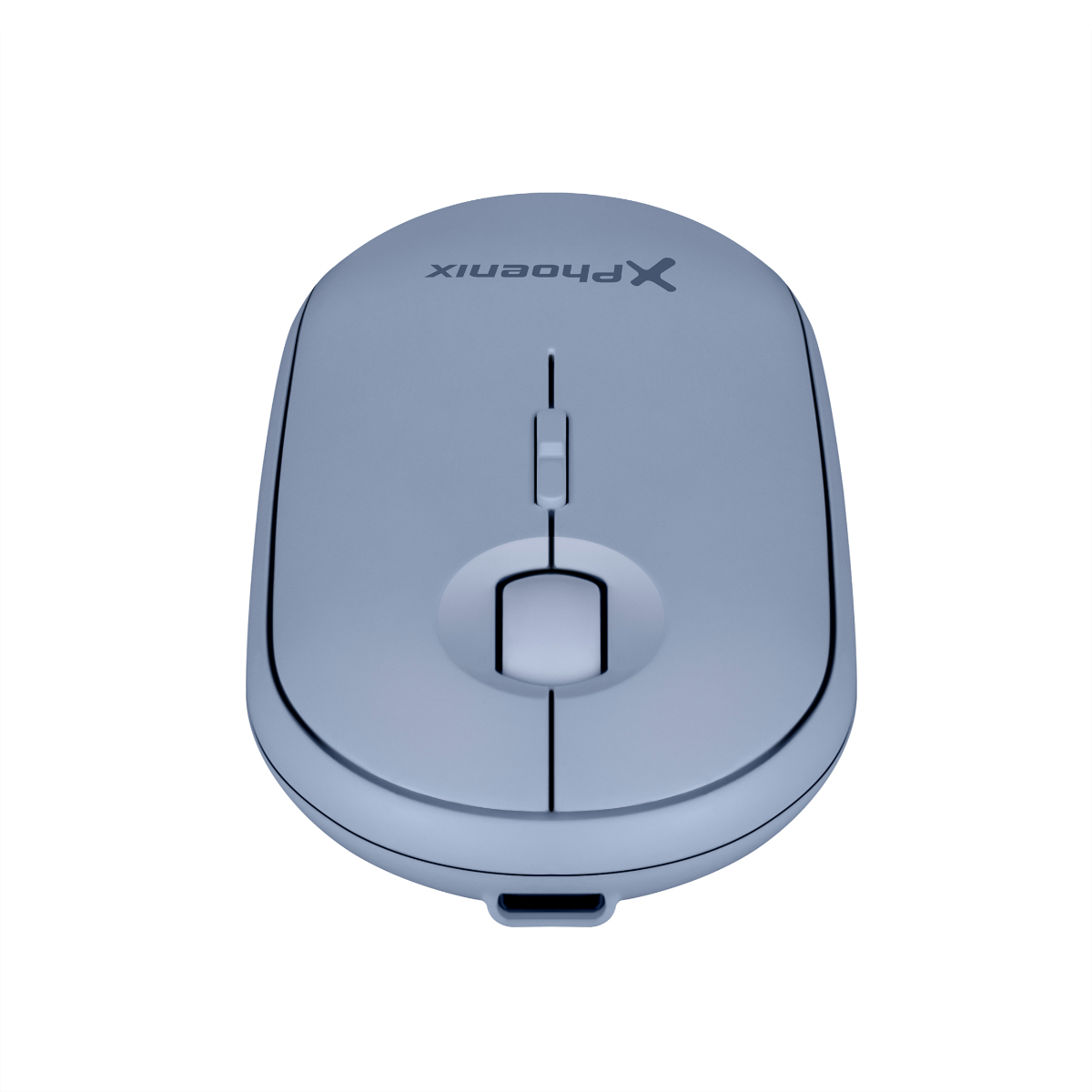 Ratón de ordenador azul y gris. Tiene una rueda de desplazamiento y un puerto USB-C.