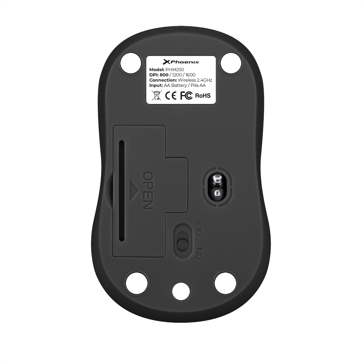 Ratón de ordenador negro con la parte inferior hacia arriba. Tiene un interruptor de encendido/apagado y compartimento de batería.