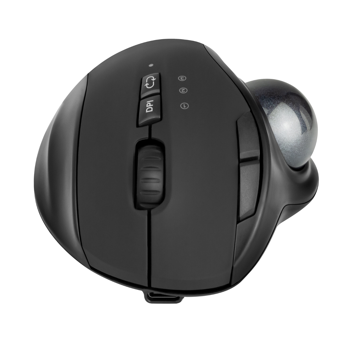 Ratón trackball negro con botones, rueda y bola plateada.