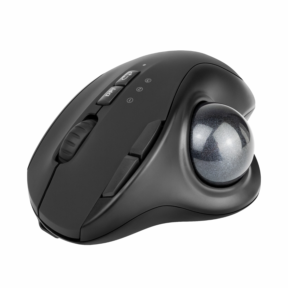 Un ratón trackball negro con una bola gris grande y botones. El ratón está sobre fondo blanco.