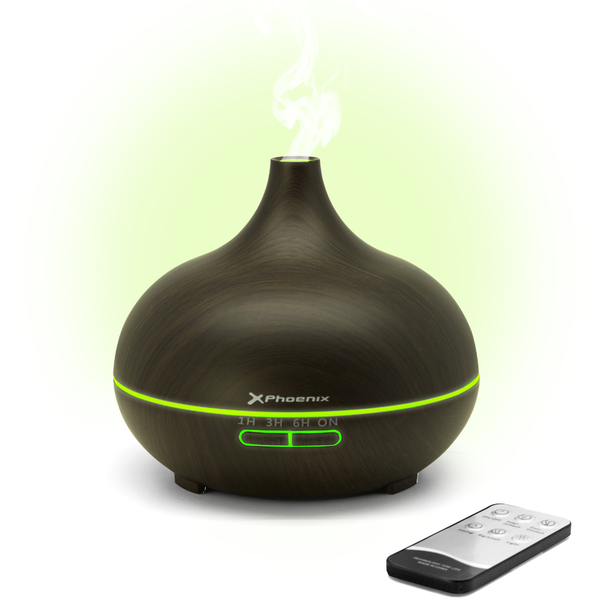 Diffusore marrone effetto legno con luce verde, vapore e telecomando.